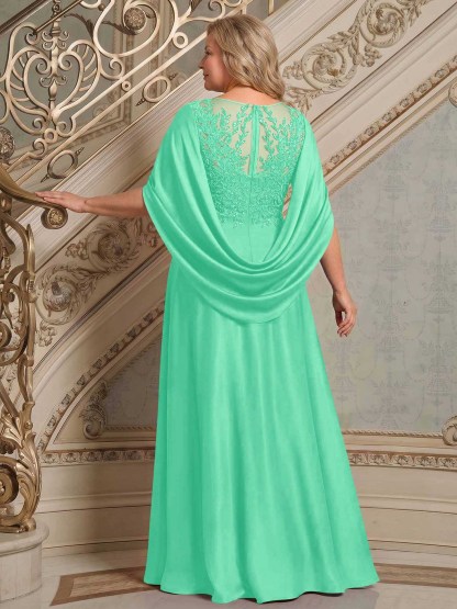 A-Line Scoop Neck Cape Sleeves Floor-Length Stretch Satin Mother Of The Bride Dresses