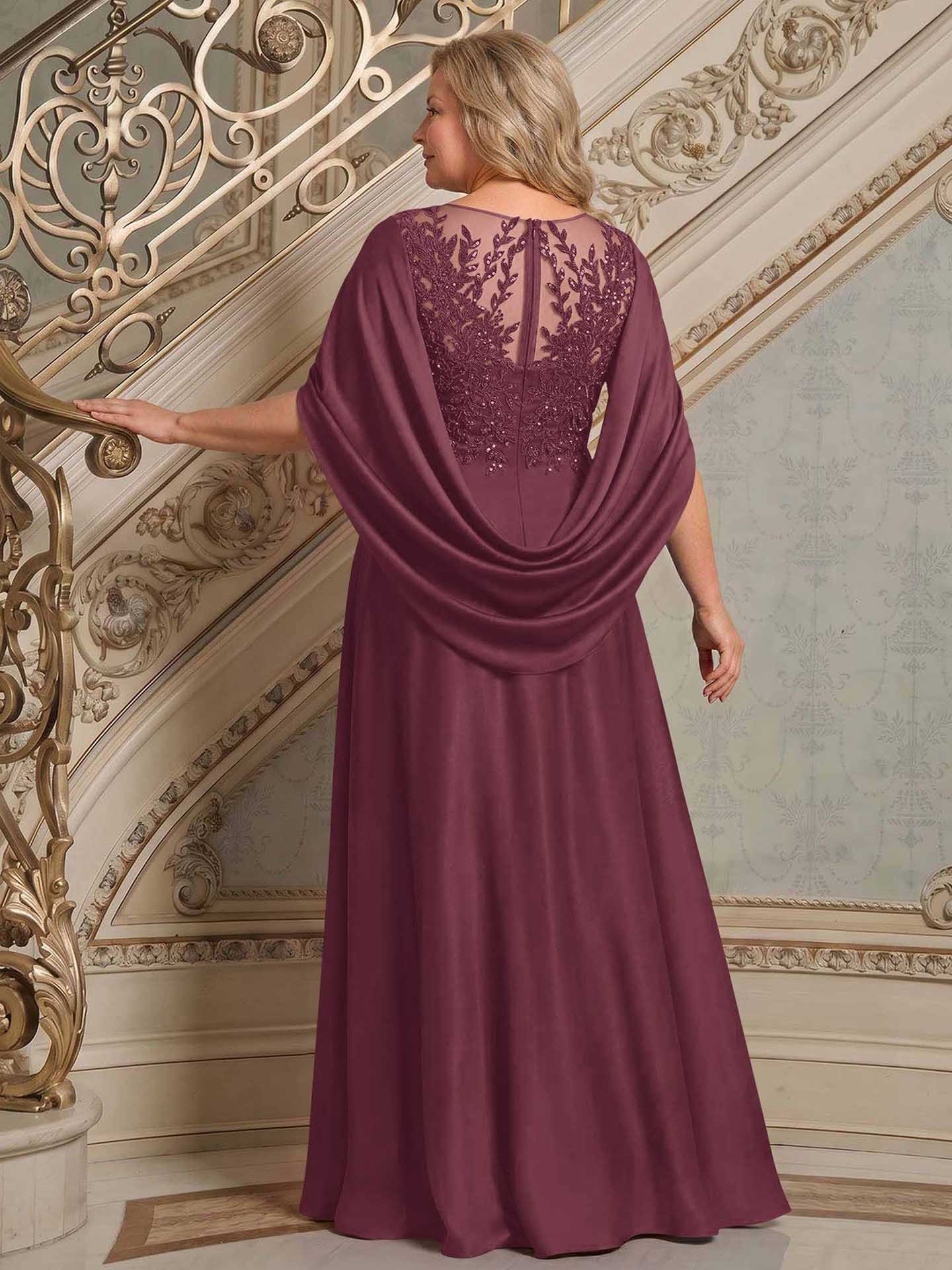 A-Line Scoop Neck Cape Sleeves Floor-Length Stretch Satin Mother Of The Bride Dresses