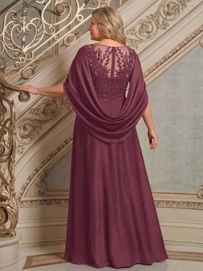 A-Line Scoop Neck Cape Sleeves Floor-Length Stretch Satin Mother Of The Bride Dresses