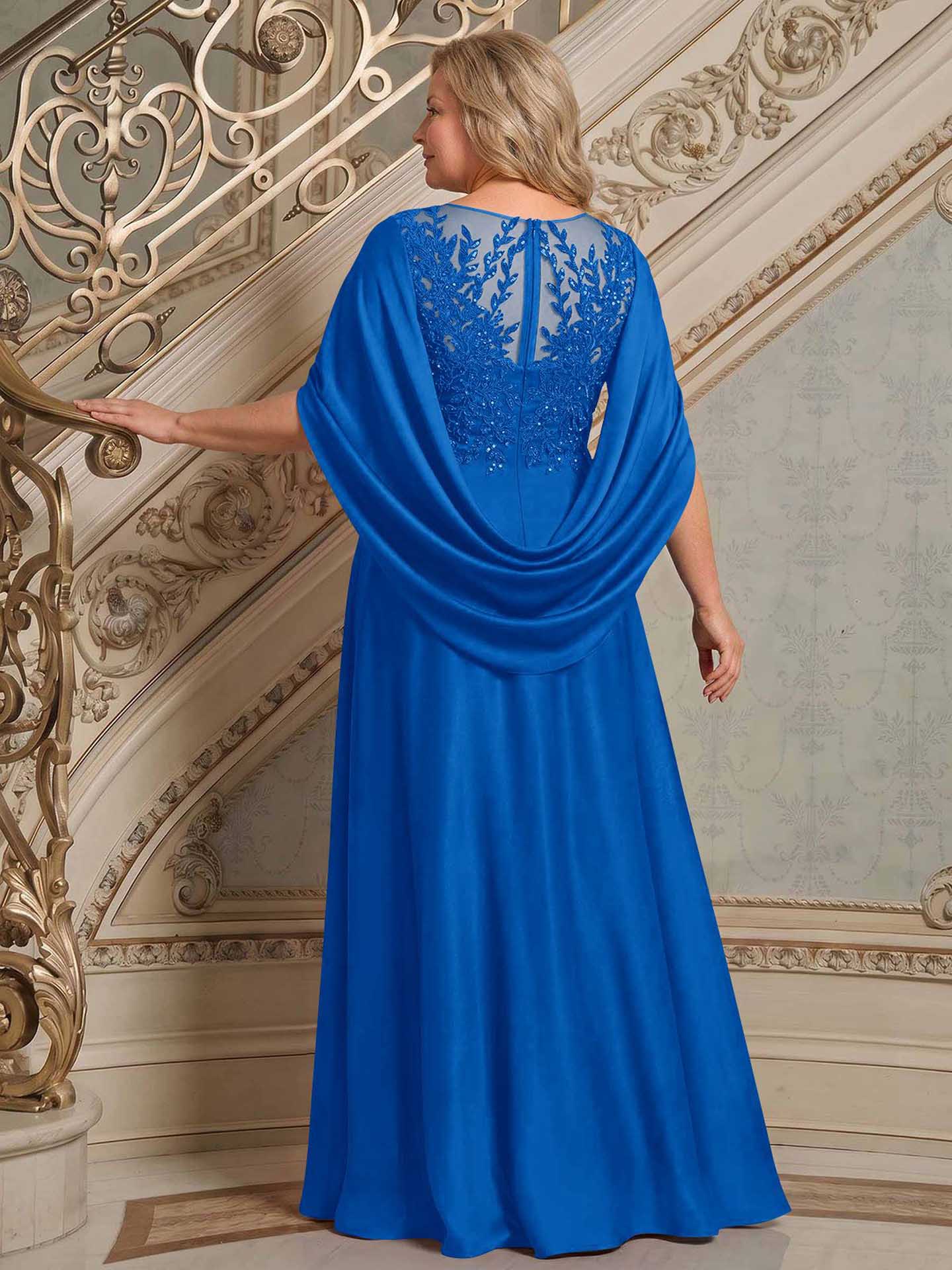A-Line Scoop Neck Cape Sleeves Floor-Length Stretch Satin Mother Of The Bride Dresses