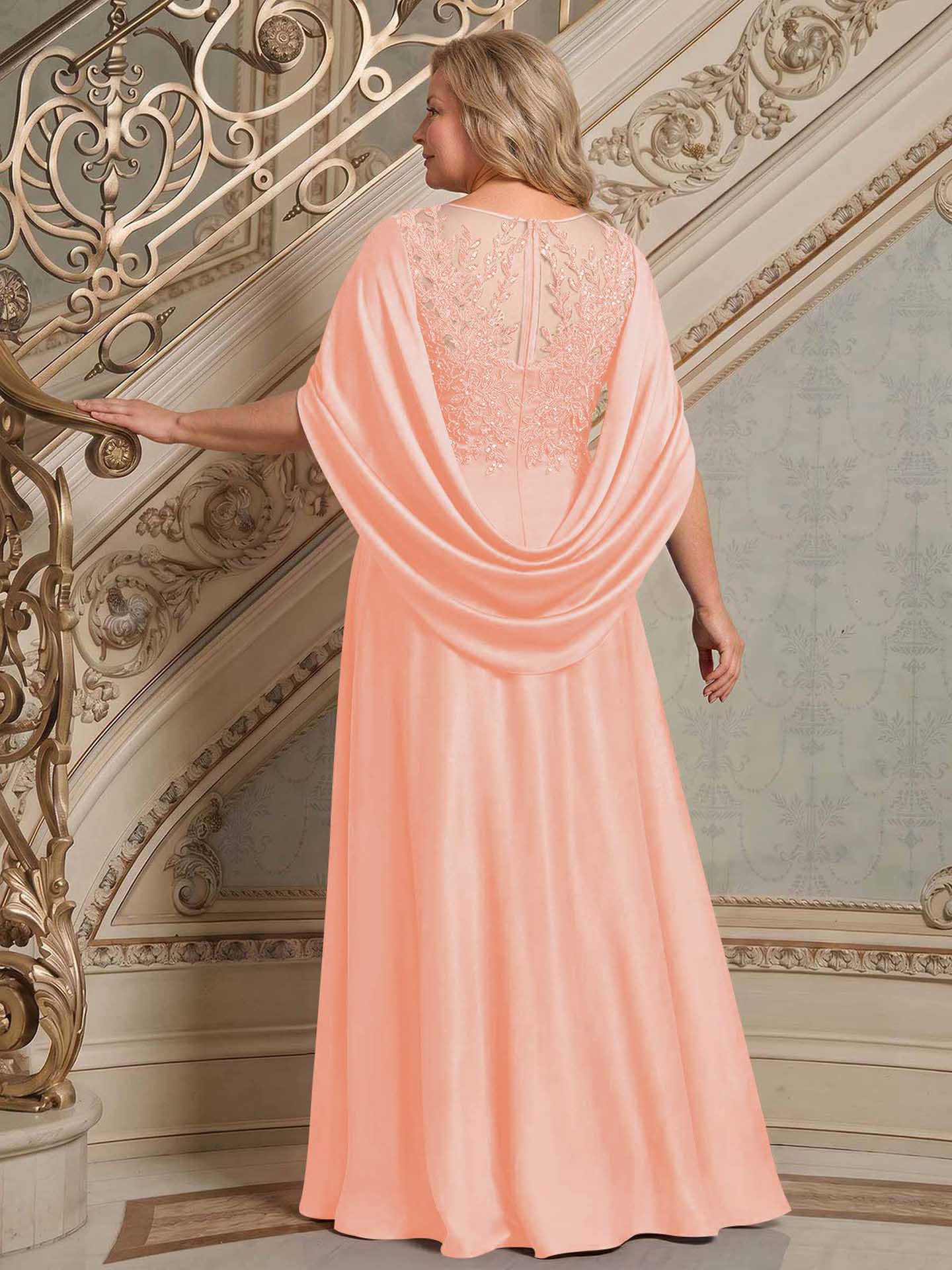 A-Line Scoop Neck Cape Sleeves Floor-Length Stretch Satin Mother Of The Bride Dresses