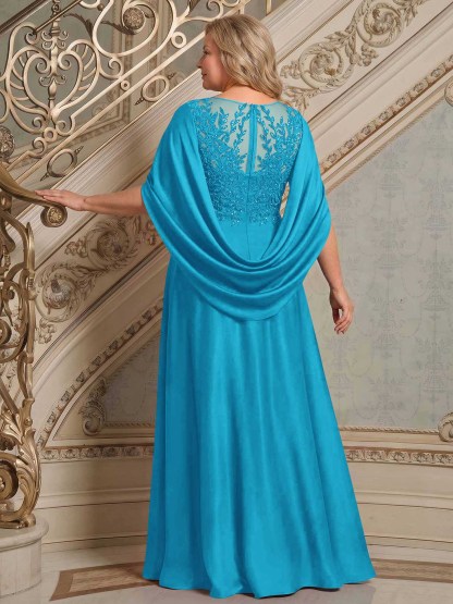 A-Line Scoop Neck Cape Sleeves Floor-Length Stretch Satin Mother Of The Bride Dresses