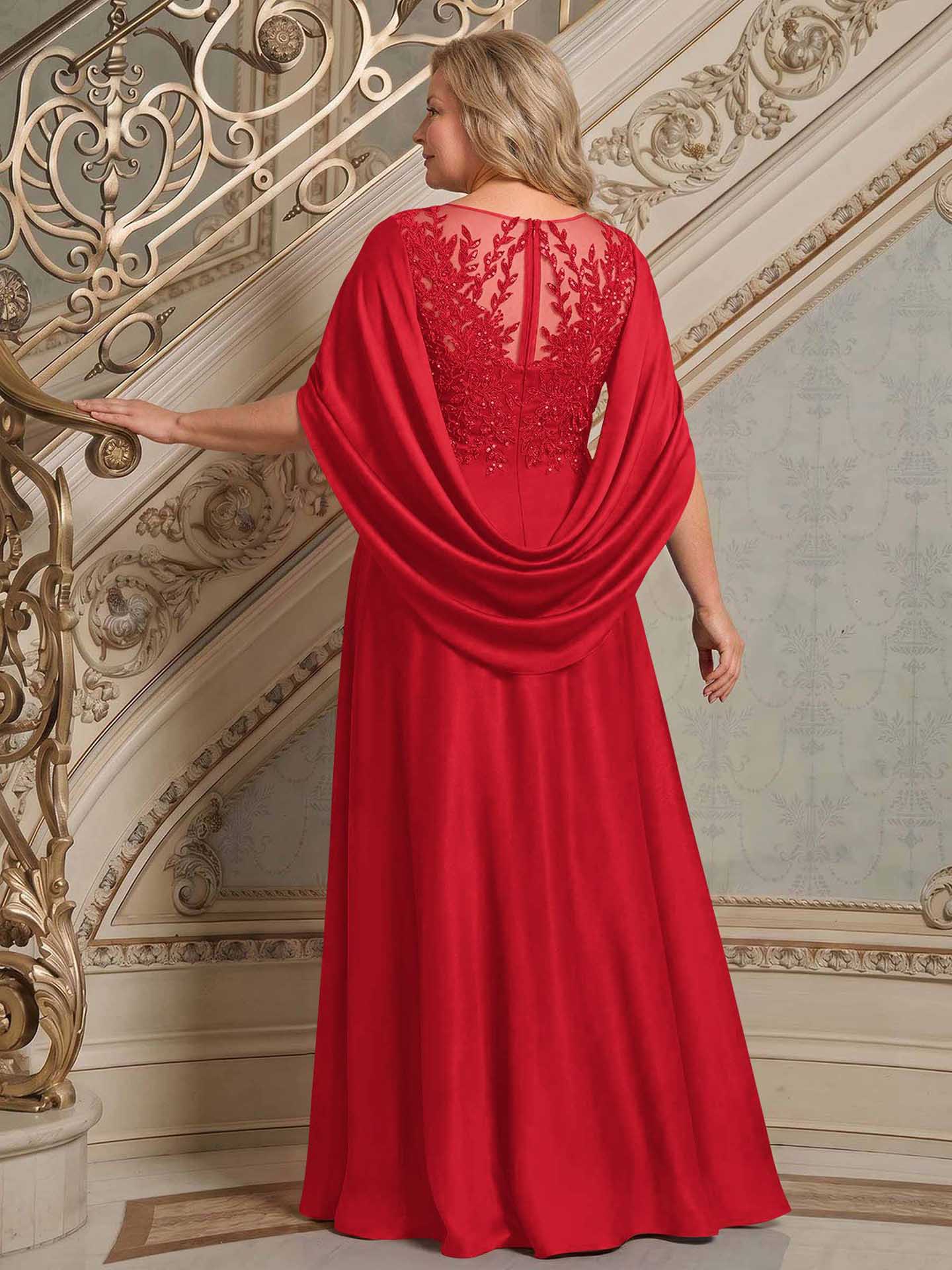 A-Line Scoop Neck Cape Sleeves Floor-Length Stretch Satin Mother Of The Bride Dresses
