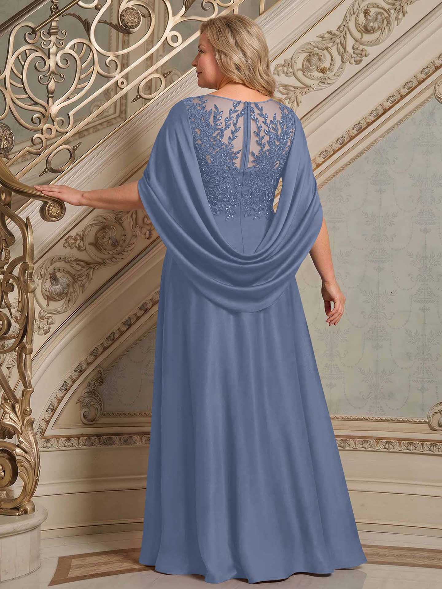 A-Line Scoop Neck Cape Sleeves Floor-Length Stretch Satin Mother Of The Bride Dresses