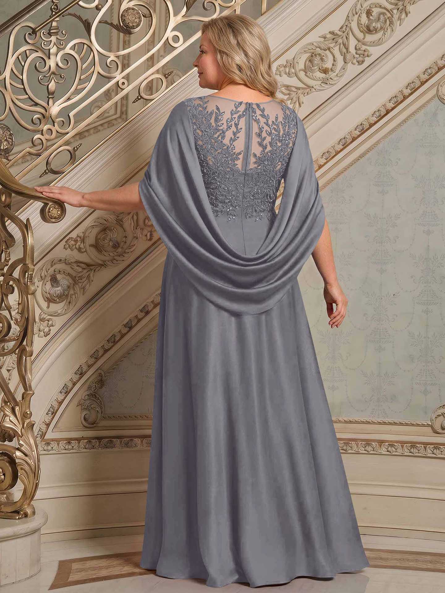 A-Line Scoop Neck Cape Sleeves Floor-Length Stretch Satin Mother Of The Bride Dresses