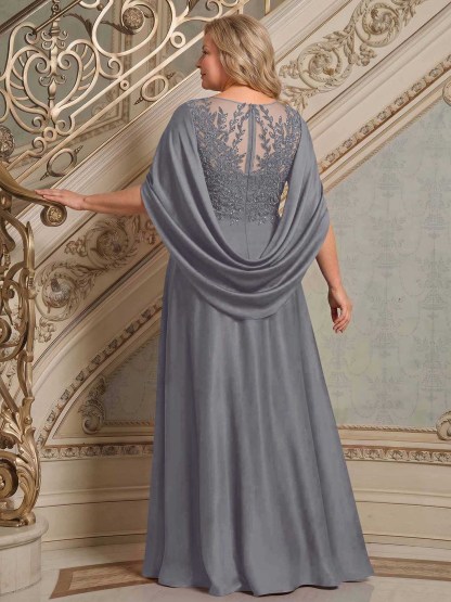 A-Line Scoop Neck Cape Sleeves Floor-Length Stretch Satin Mother Of The Bride Dresses