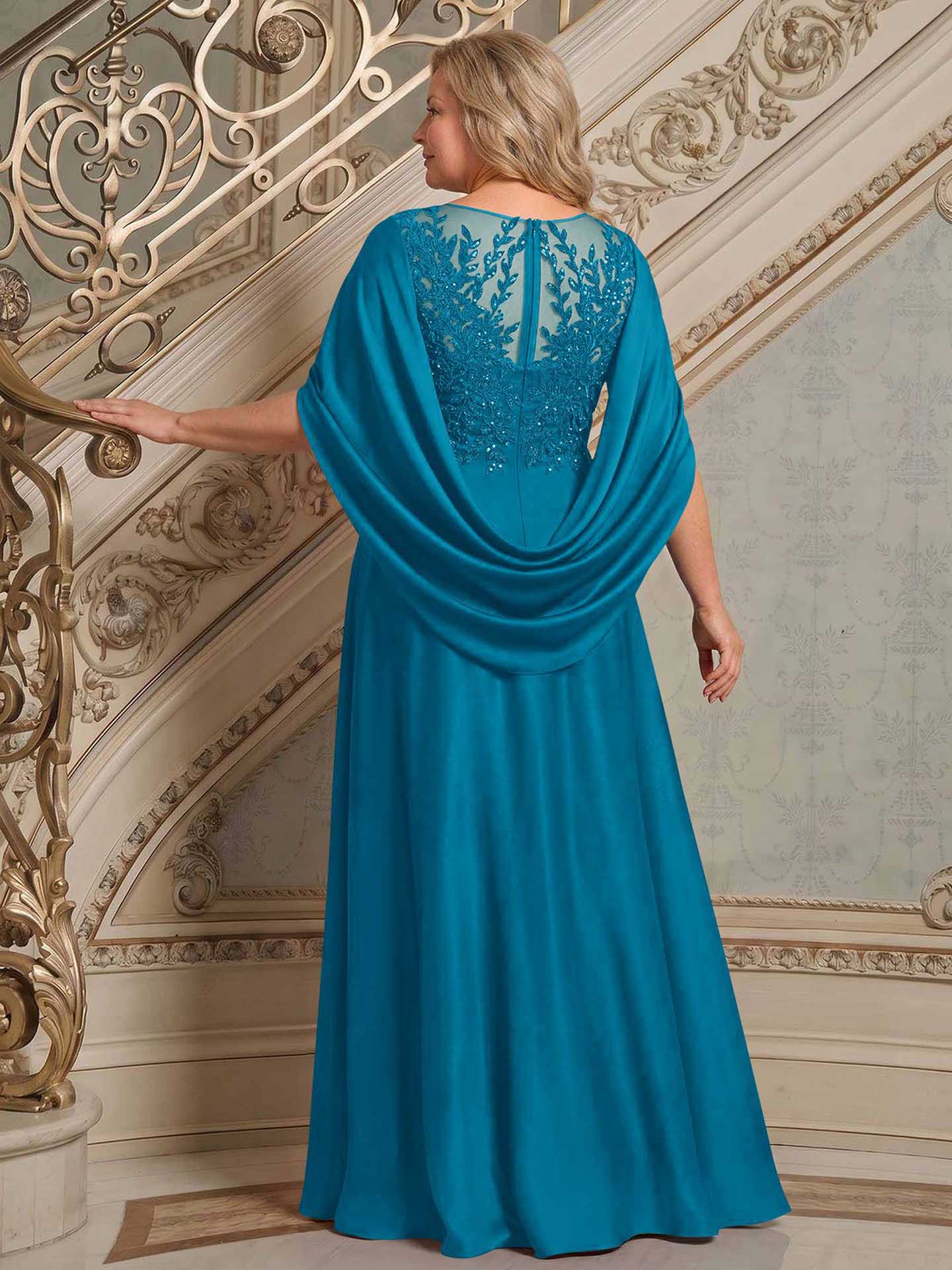 A-Line Scoop Neck Cape Sleeves Floor-Length Stretch Satin Mother Of The Bride Dresses