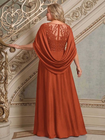 A-Line Scoop Neck Cape Sleeves Floor-Length Stretch Satin Mother Of The Bride Dresses