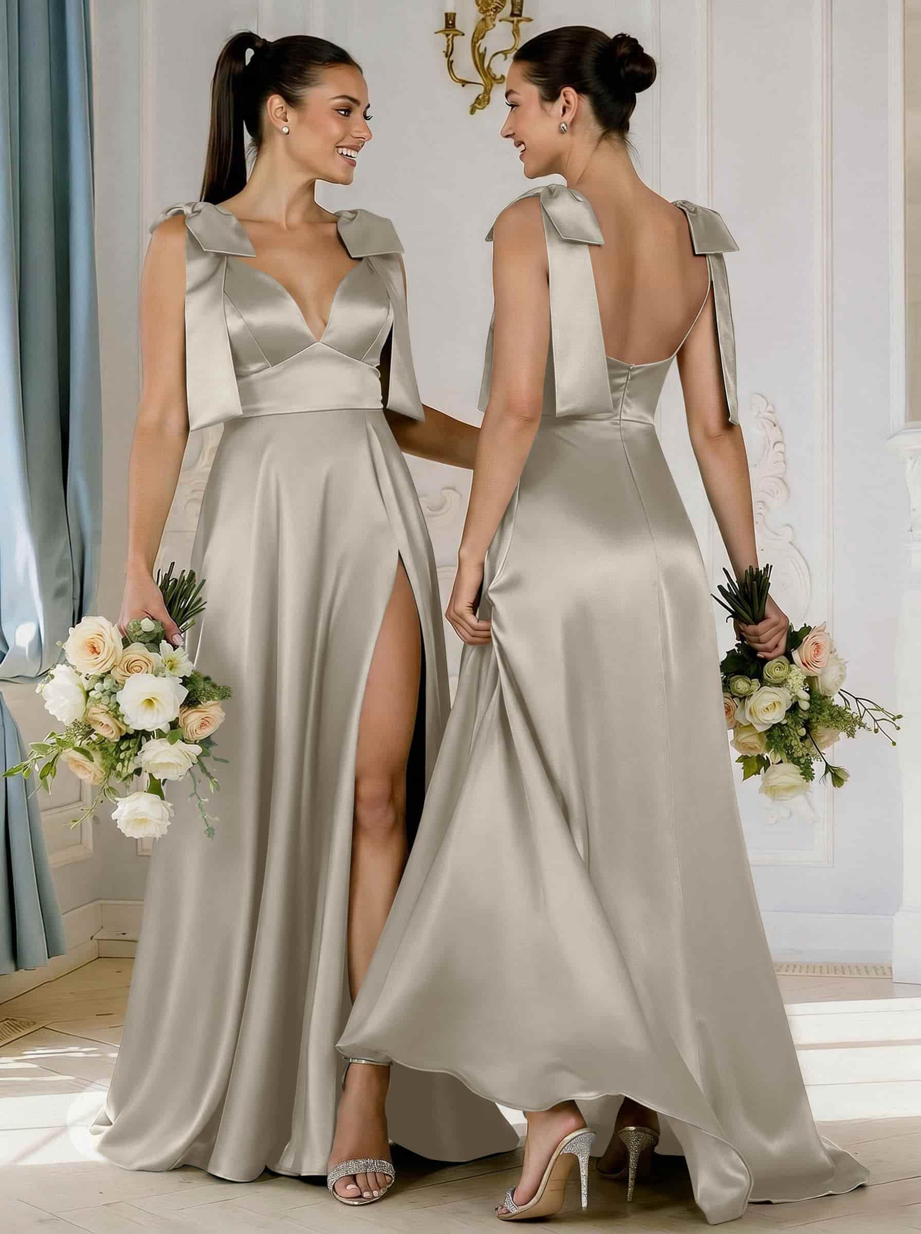 A-Line Plunge Neck Sleeveless Floor-Length Satin Bridesmaid Dresses With Bow(s)/High Split, product image 61