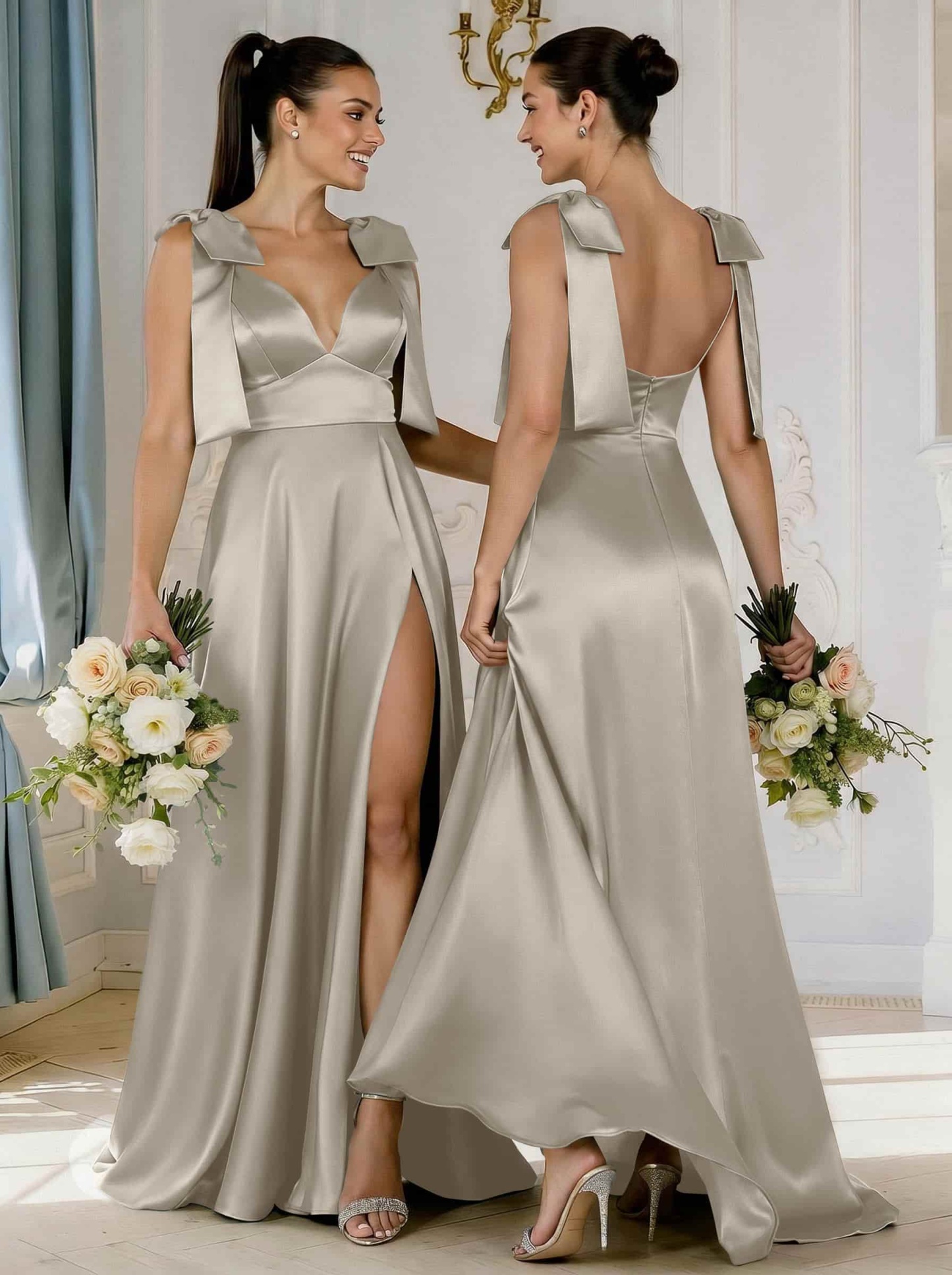 A-Line Plunge Neck Sleeveless Floor-Length Satin Bridesmaid Dresses With Bow(s)/High Split, product image 61
