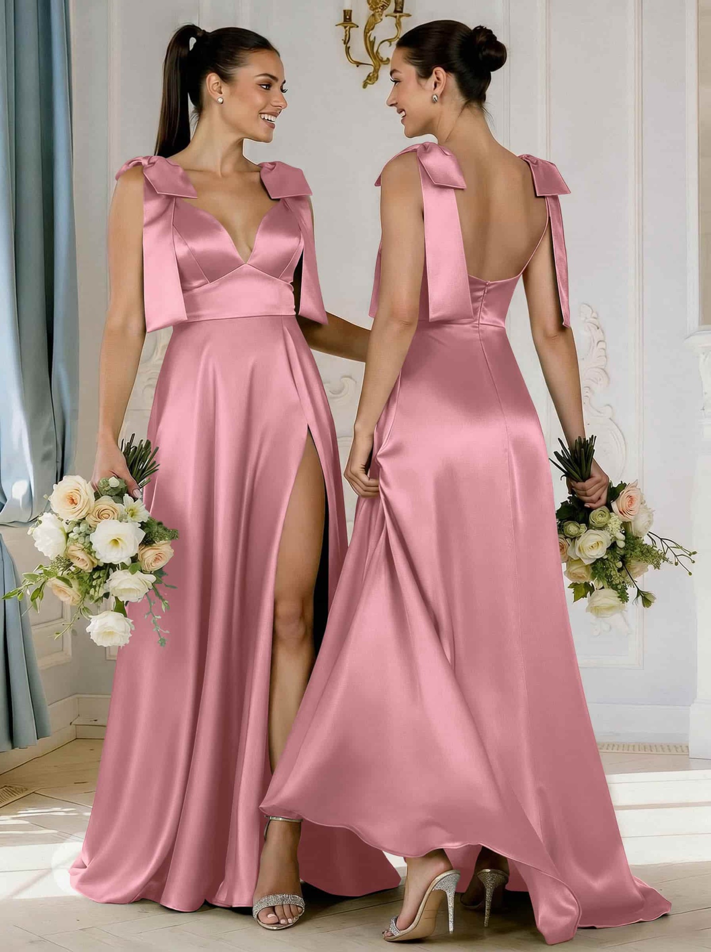 A-Line Plunge Neck Sleeveless Floor-Length Satin Bridesmaid Dresses With Bow(s)/High Split, product image 23