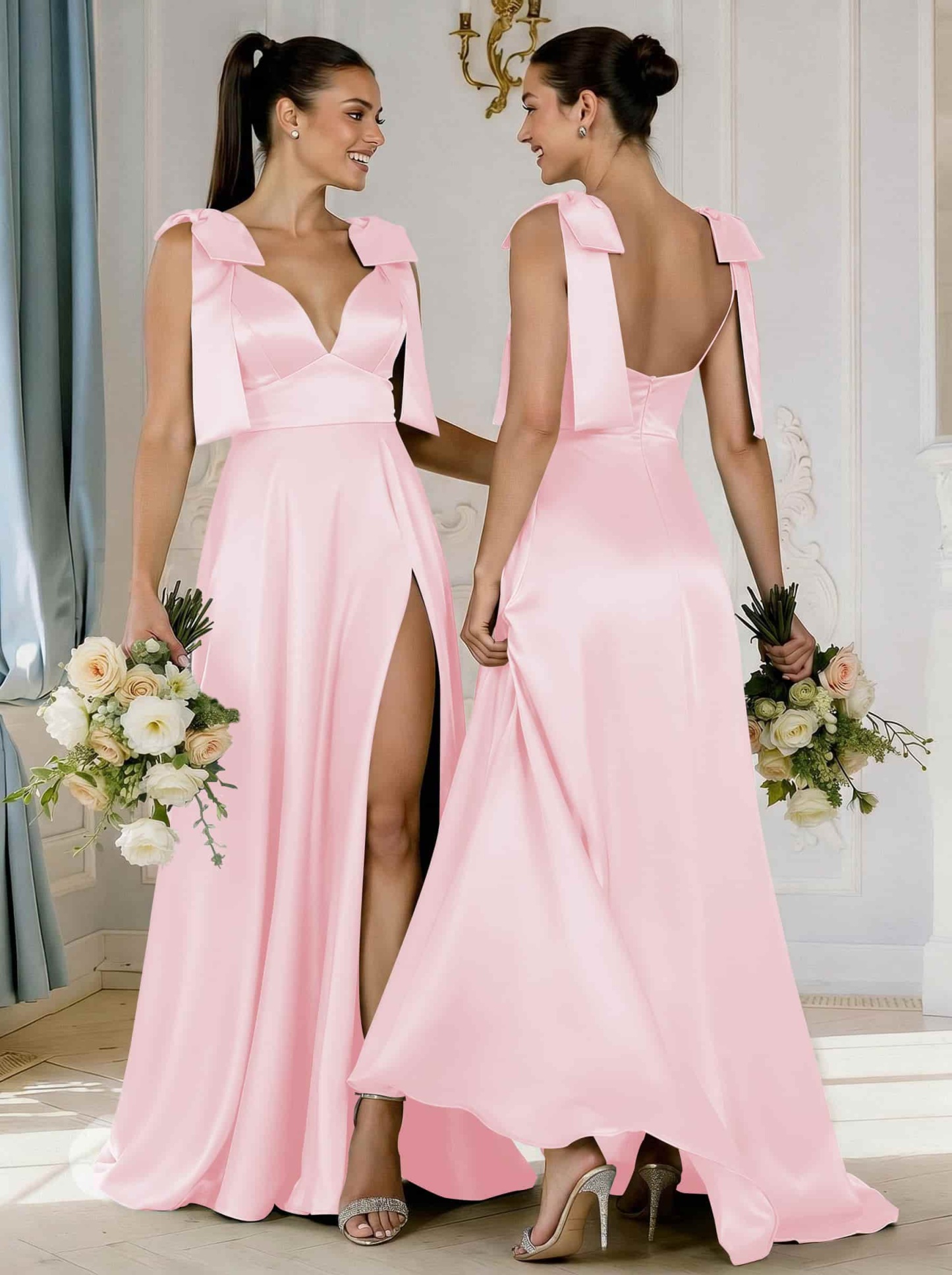 A-Line Plunge Neck Sleeveless Floor-Length Satin Bridesmaid Dresses With Bow(s)/High Split, product image 26