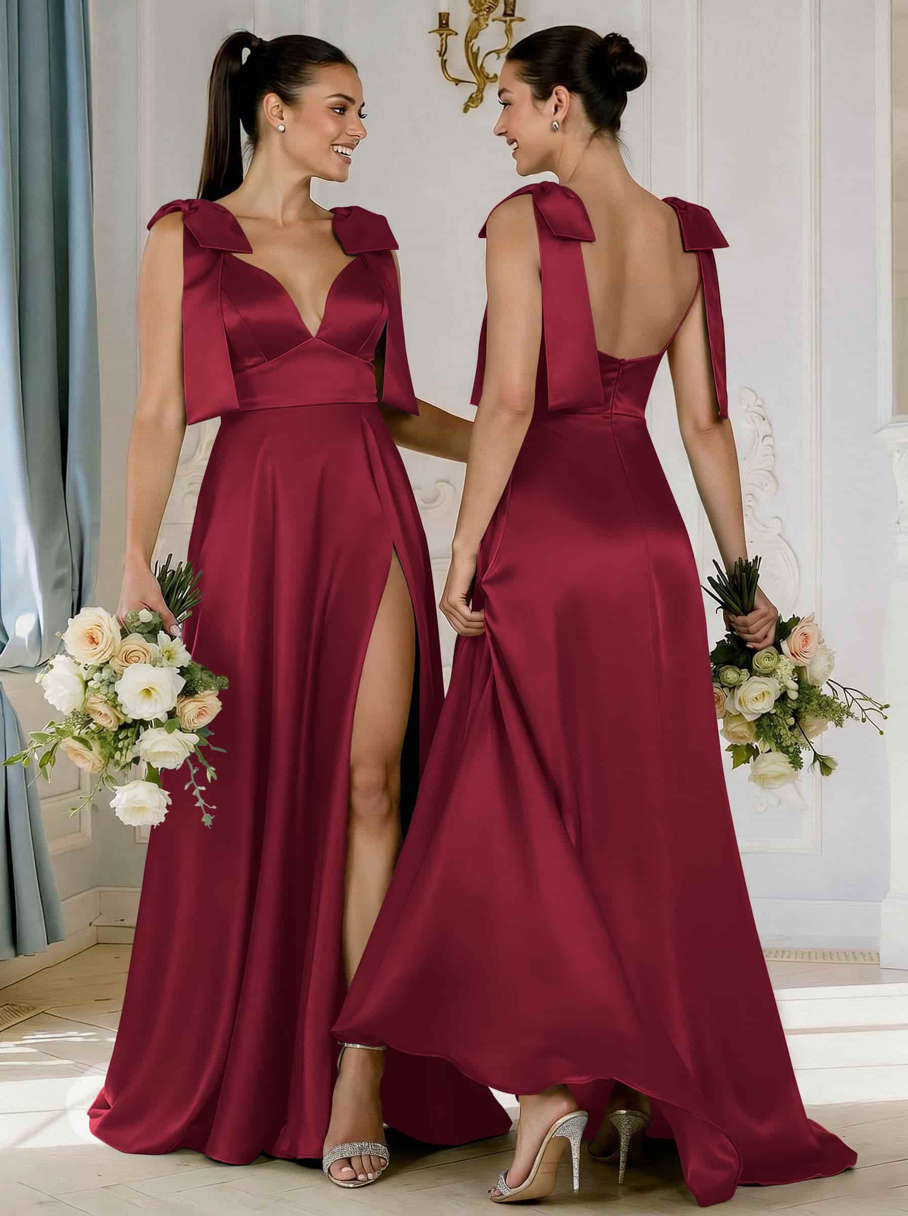 A-Line Plunge Neck Sleeveless Floor-Length Satin Bridesmaid Dresses With Bow(s)/High Split, product image 15