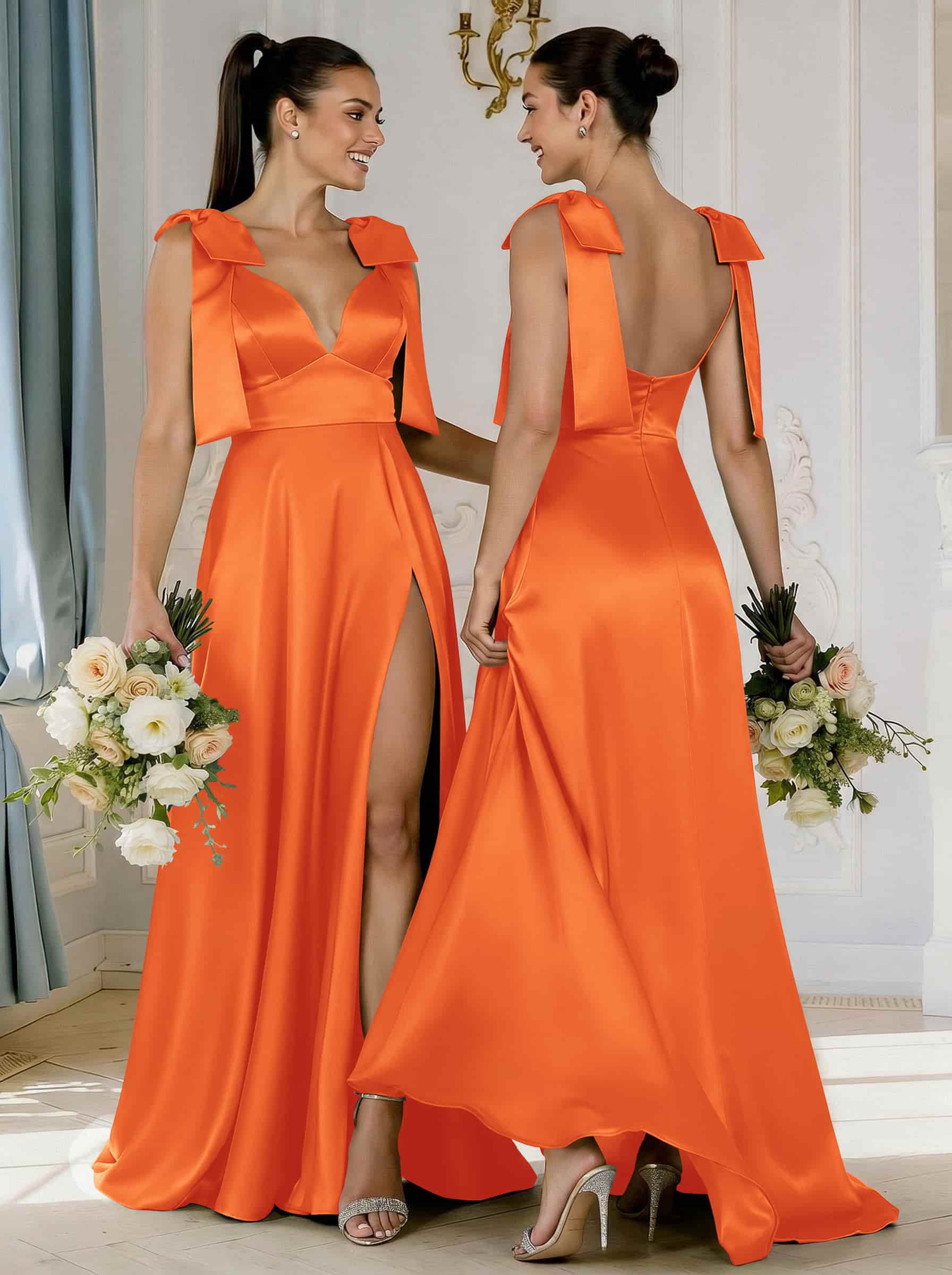A-Line Plunge Neck Sleeveless Floor-Length Satin Bridesmaid Dresses With Bow(s)/High Split, product image 64