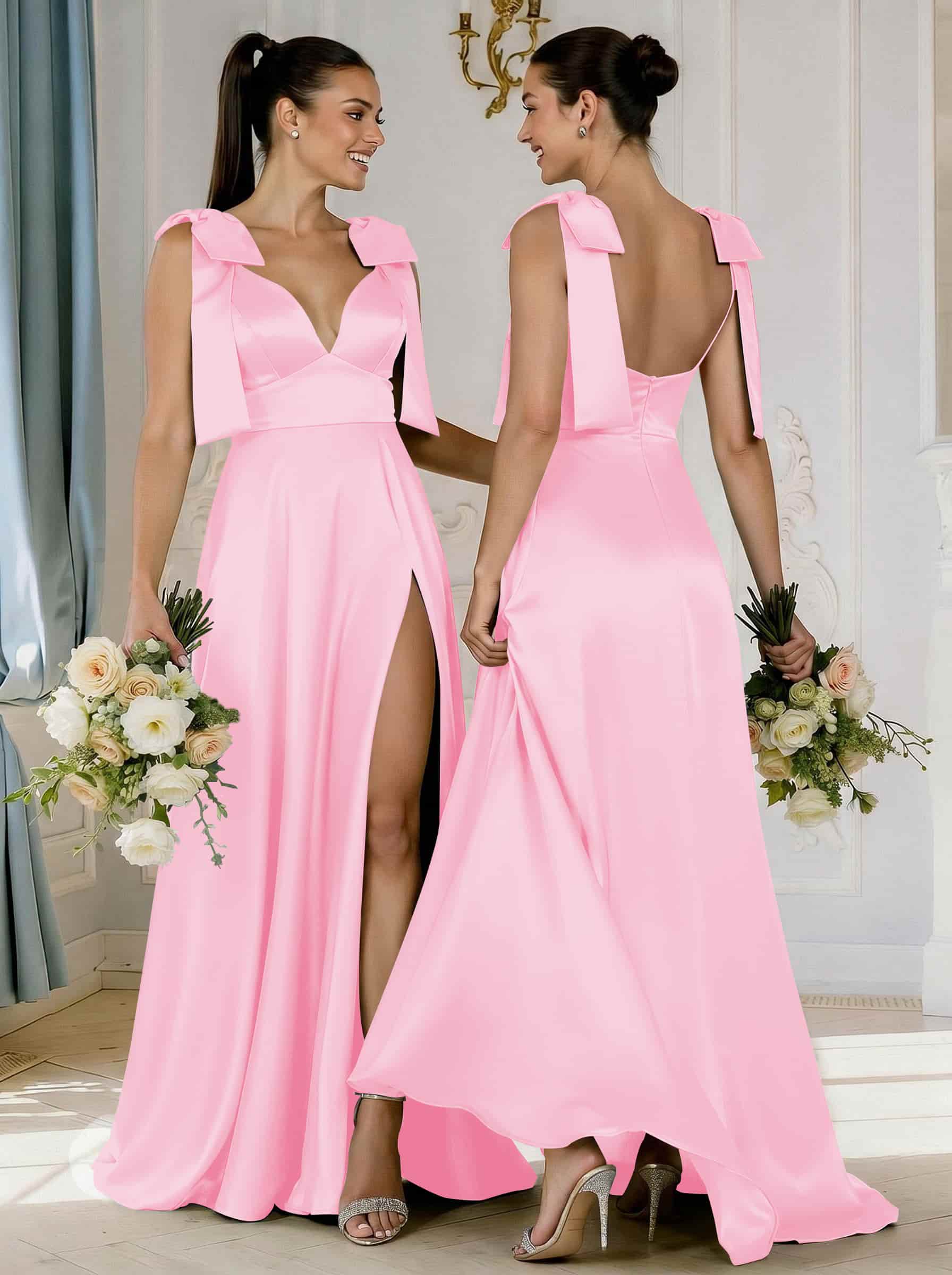 A-Line Plunge Neck Sleeveless Floor-Length Satin Bridesmaid Dresses With Bow(s)/High Split, product image 27