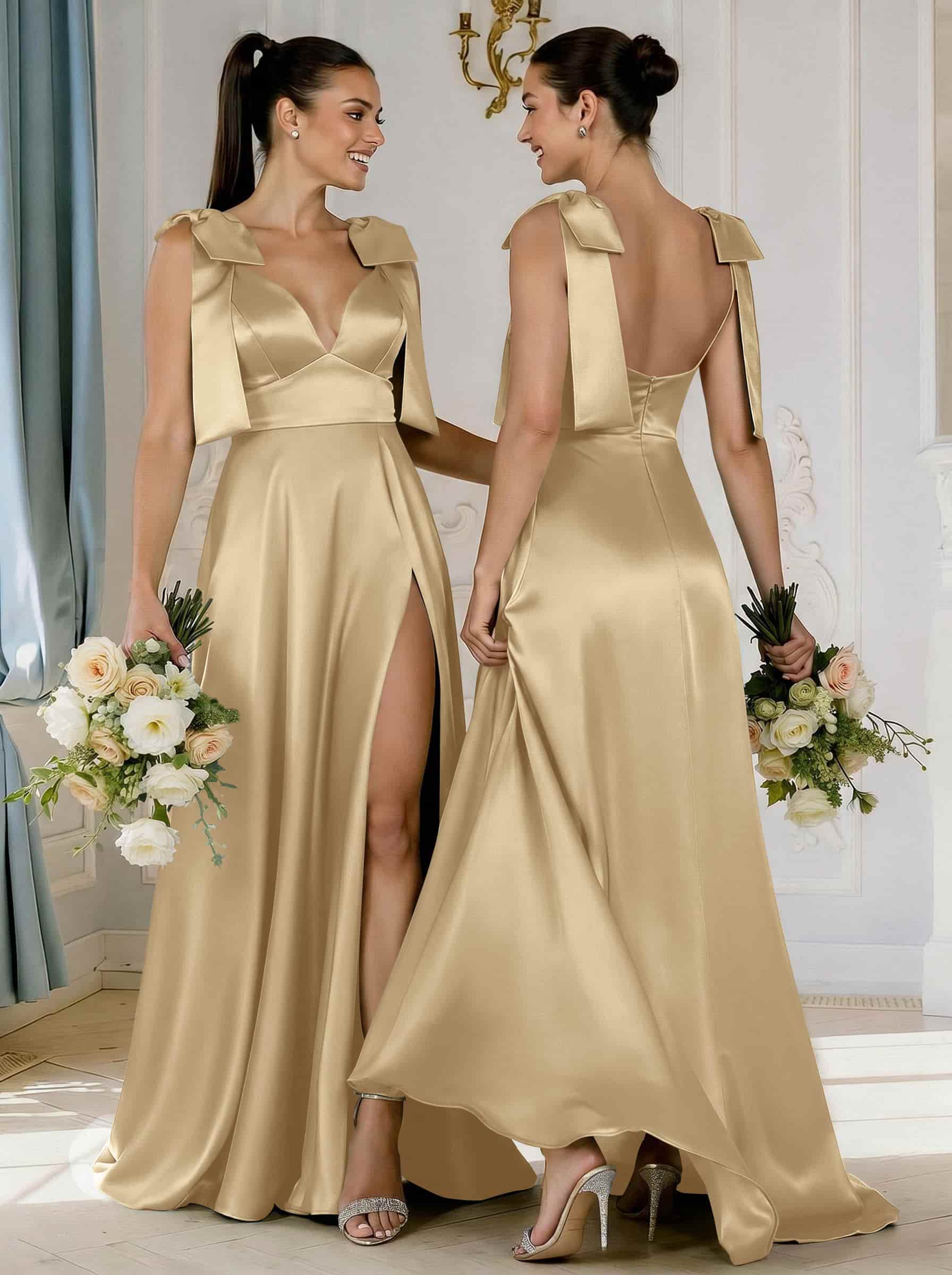 A-Line Plunge Neck Sleeveless Floor-Length Satin Bridesmaid Dresses With Bow(s)/High Split, product image 46