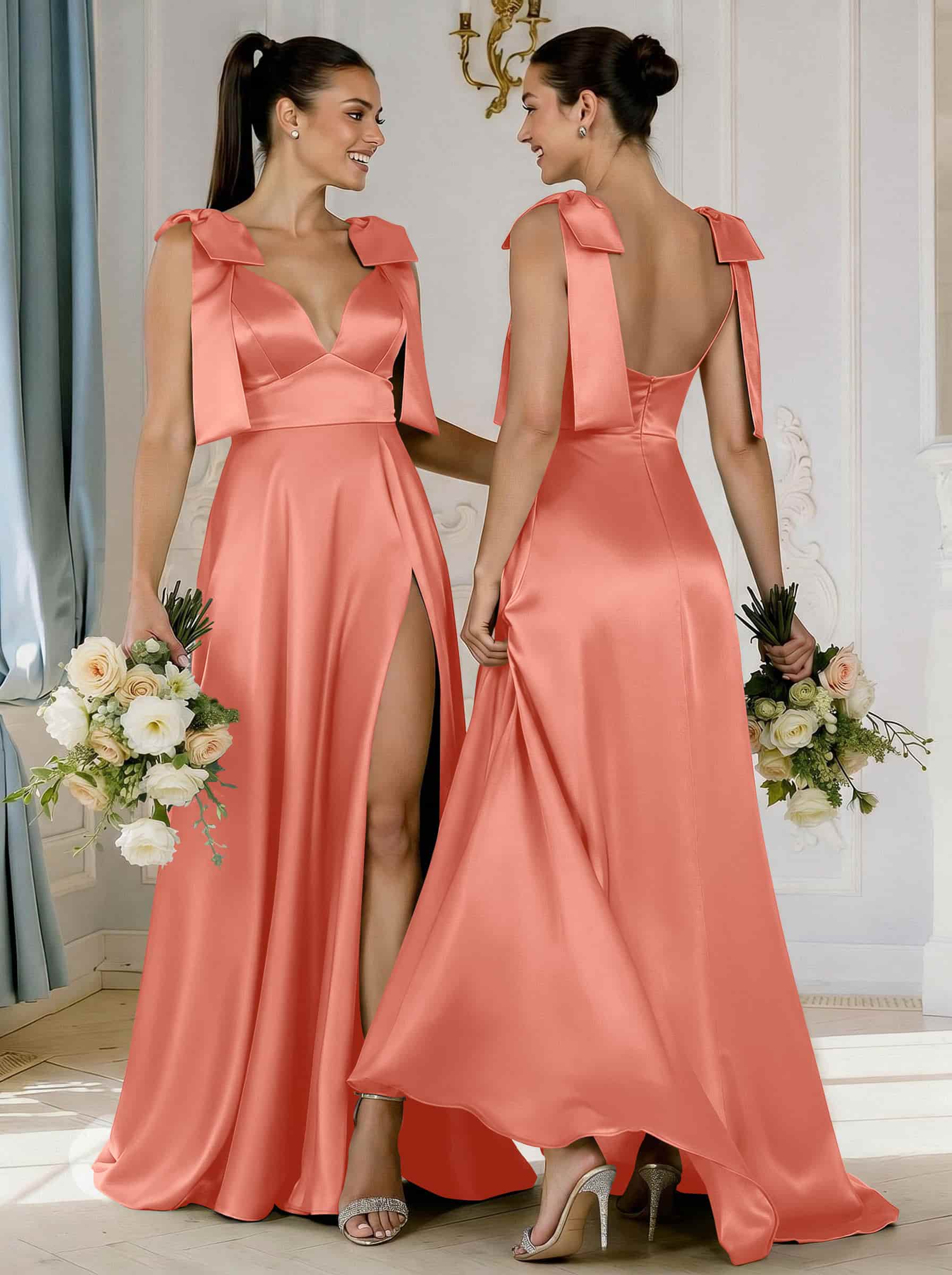 A-Line Plunge Neck Sleeveless Floor-Length Satin Bridesmaid Dresses With Bow(s)/High Split, product image 25