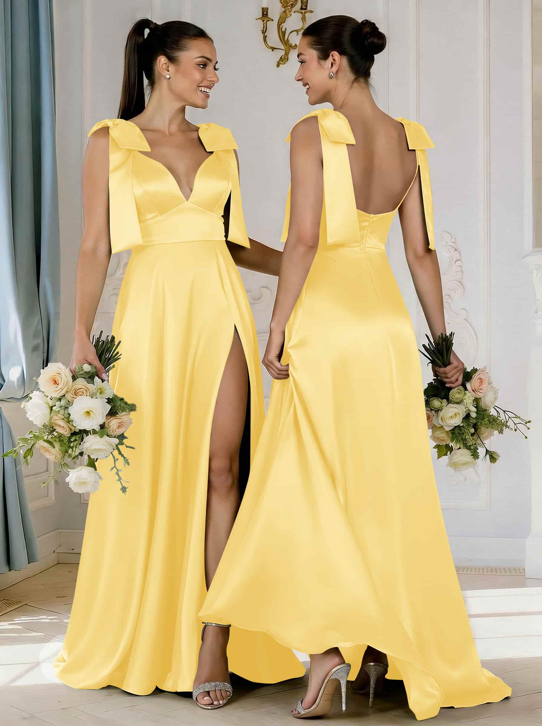 A-Line Plunge Neck Sleeveless Floor-Length Satin Bridesmaid Dresses With Bow(s)/High Split, product image 48