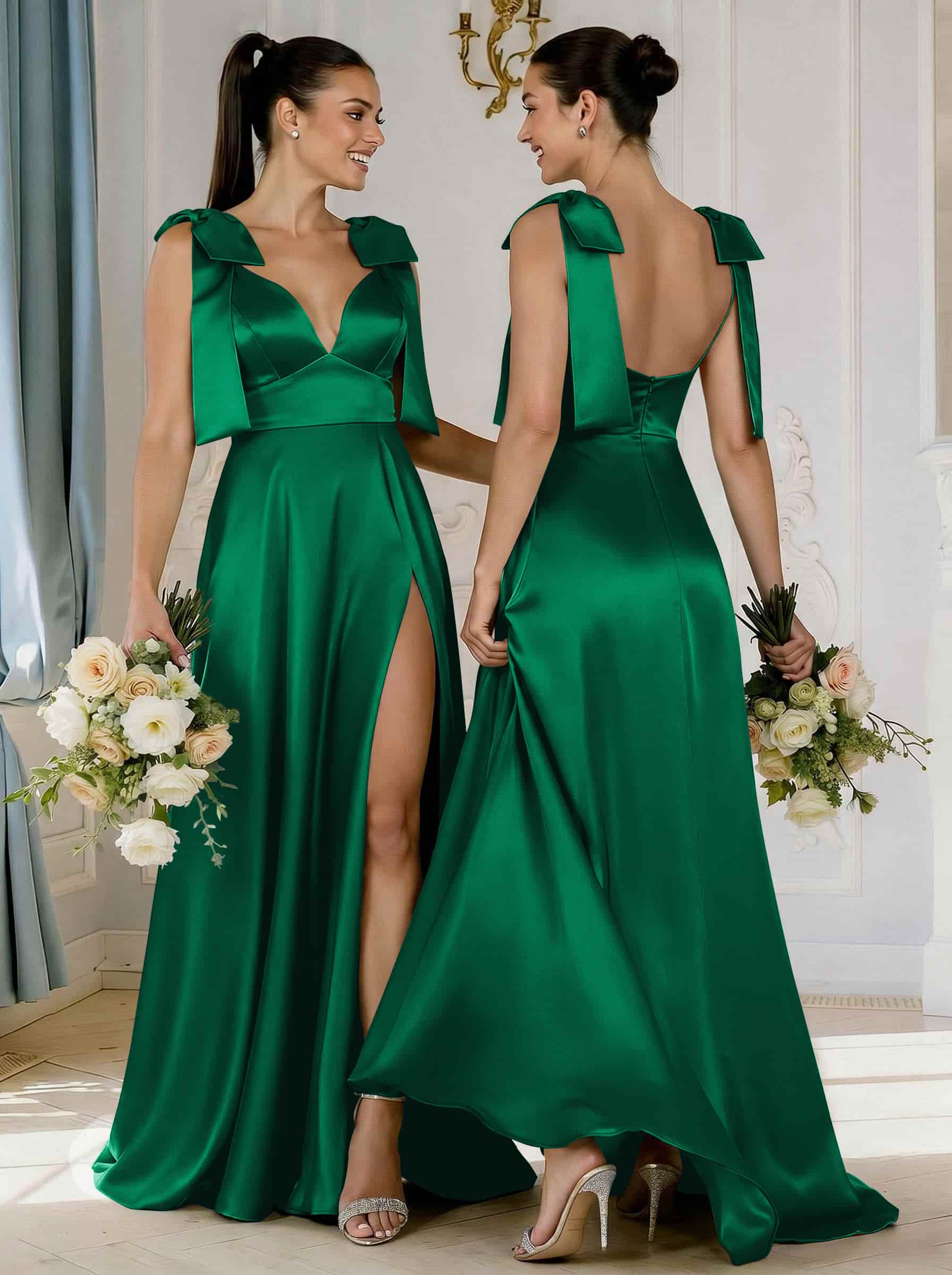 A-Line Plunge Neck Sleeveless Floor-Length Satin Bridesmaid Dresses With Bow(s)/High Split, product image 39