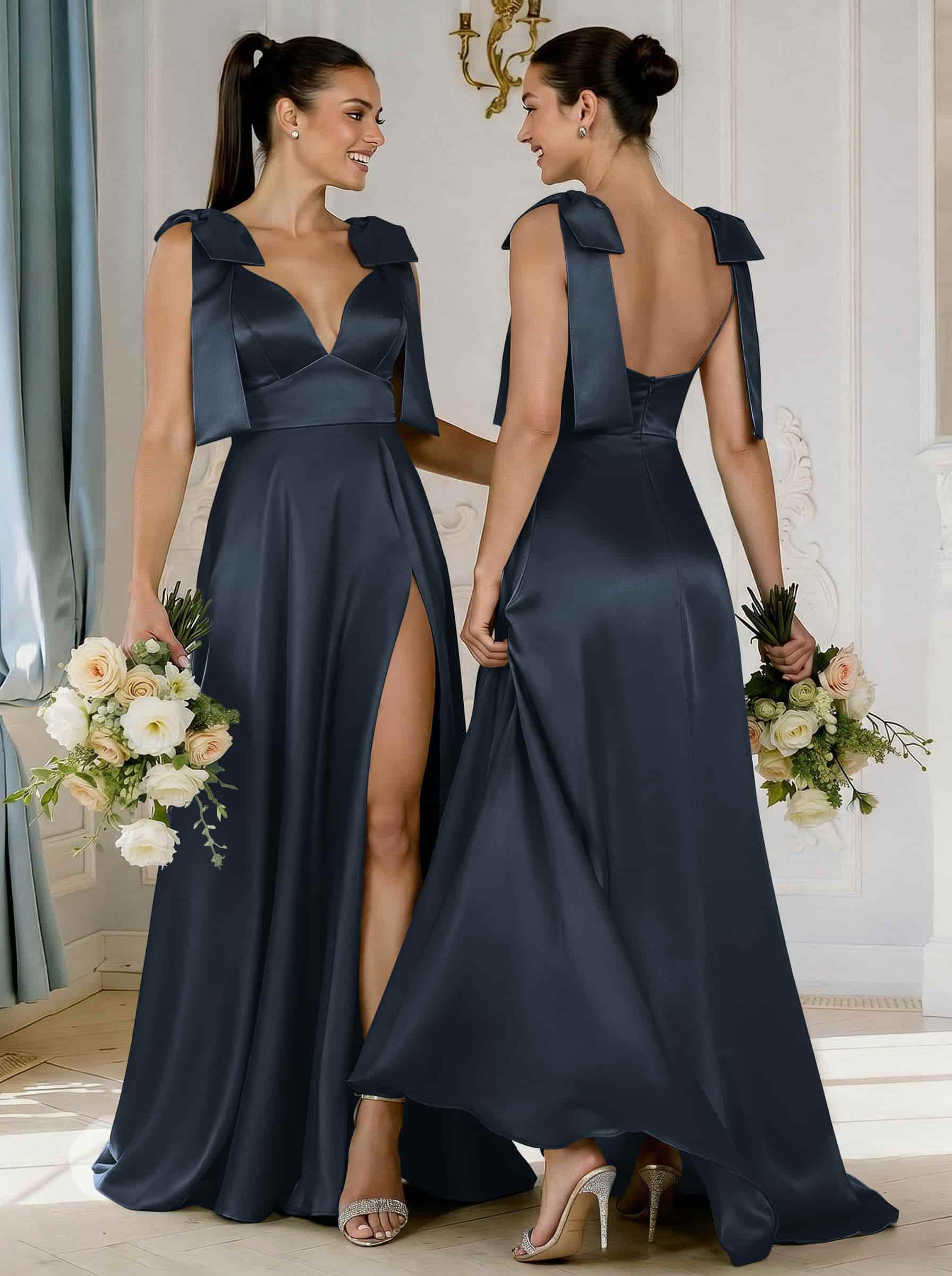 A-Line Plunge Neck Sleeveless Floor-Length Satin Bridesmaid Dresses With Bow(s)/High Split, product image 2