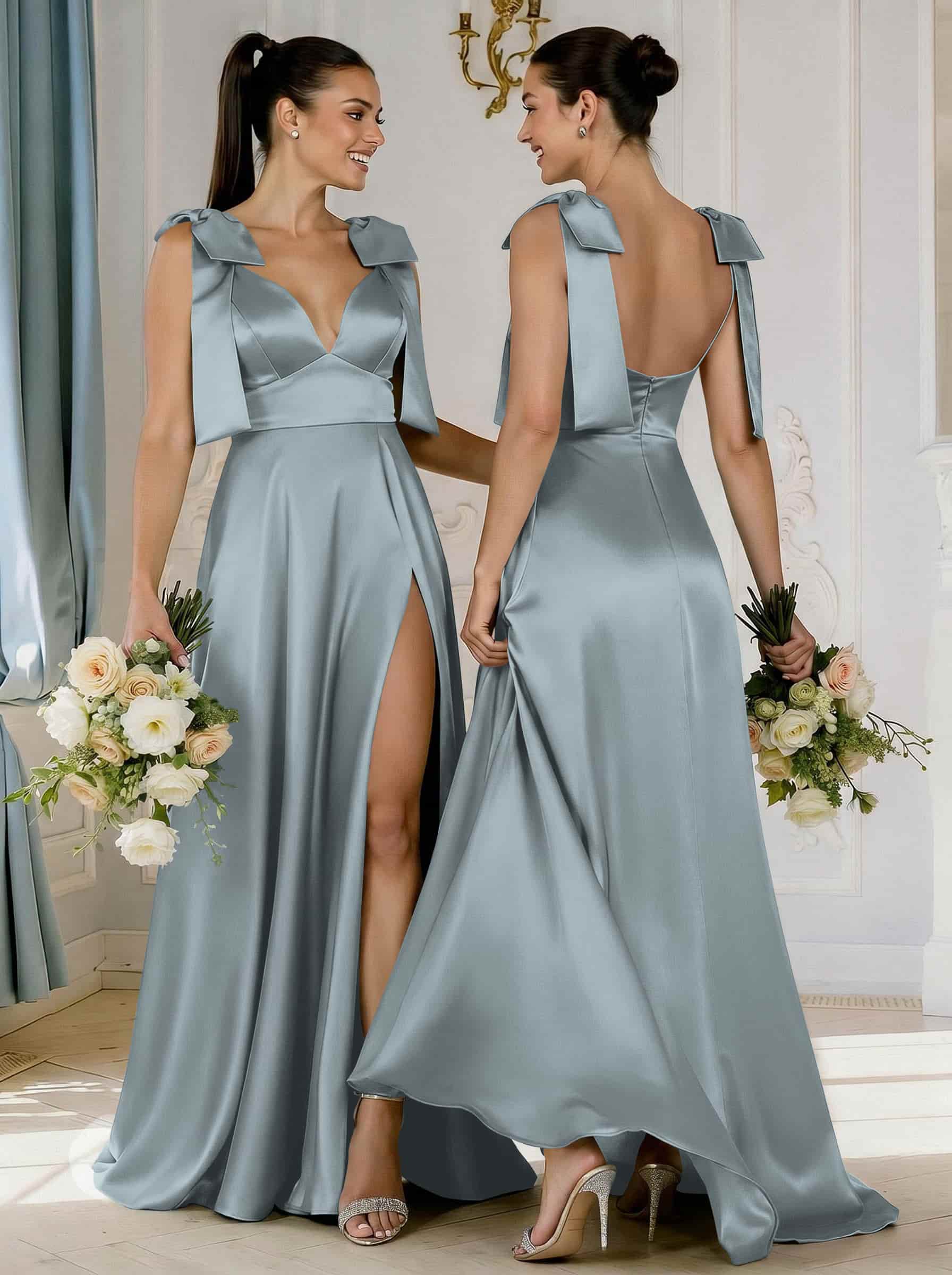 A-Line Plunge Neck Sleeveless Floor-Length Satin Bridesmaid Dresses With Bow(s)/High Split, product image 4
