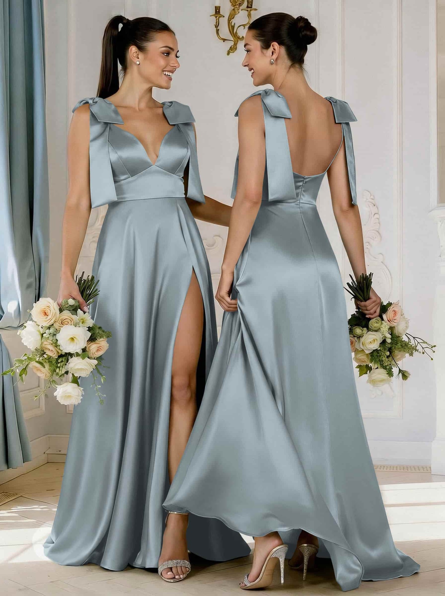 A-Line Plunge Neck Sleeveless Floor-Length Satin Bridesmaid Dresses With Bow(s)/High Split, product image 4