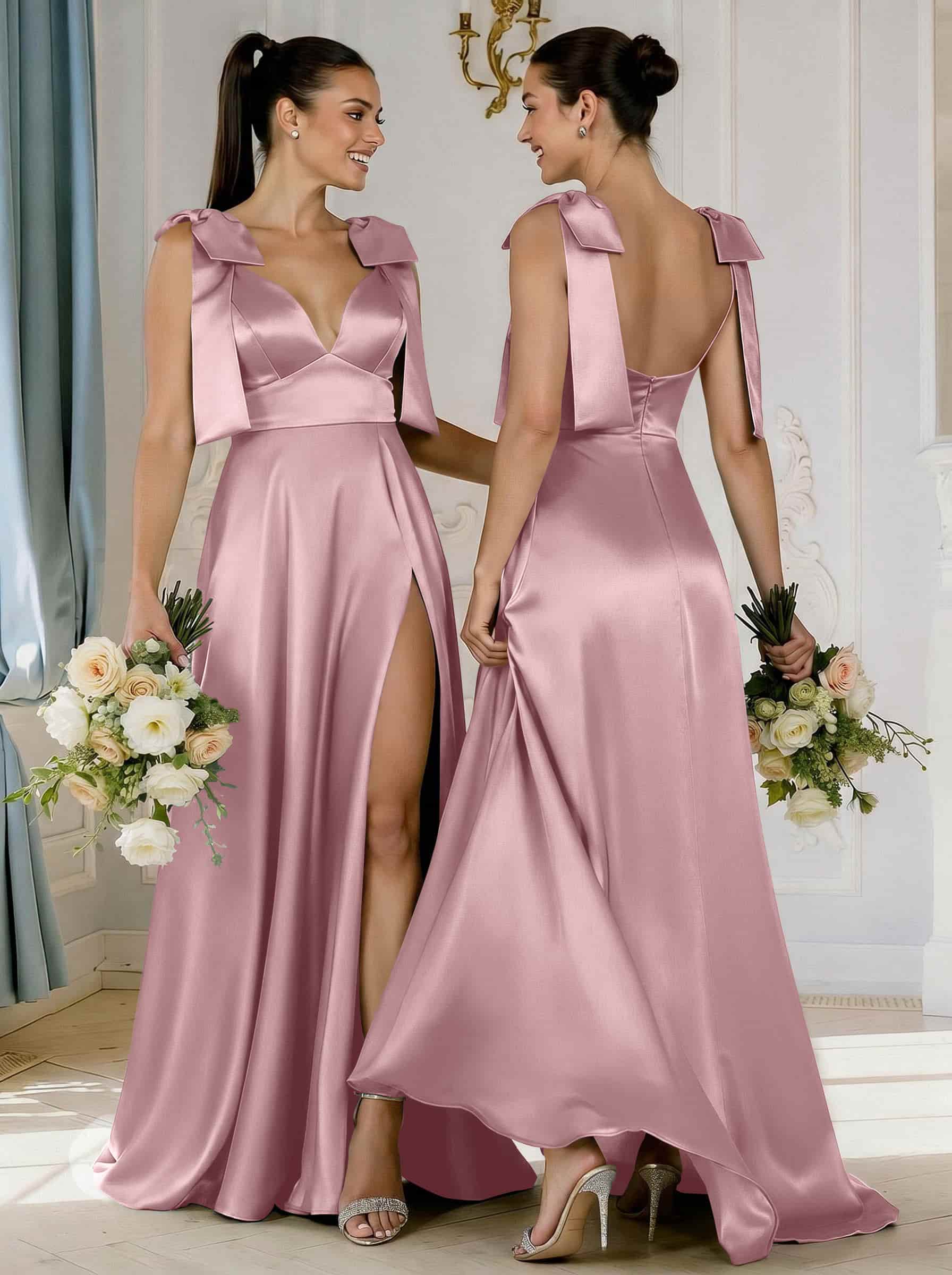A-Line Plunge Neck Sleeveless Floor-Length Satin Bridesmaid Dresses With Bow(s)/High Split, product image 21