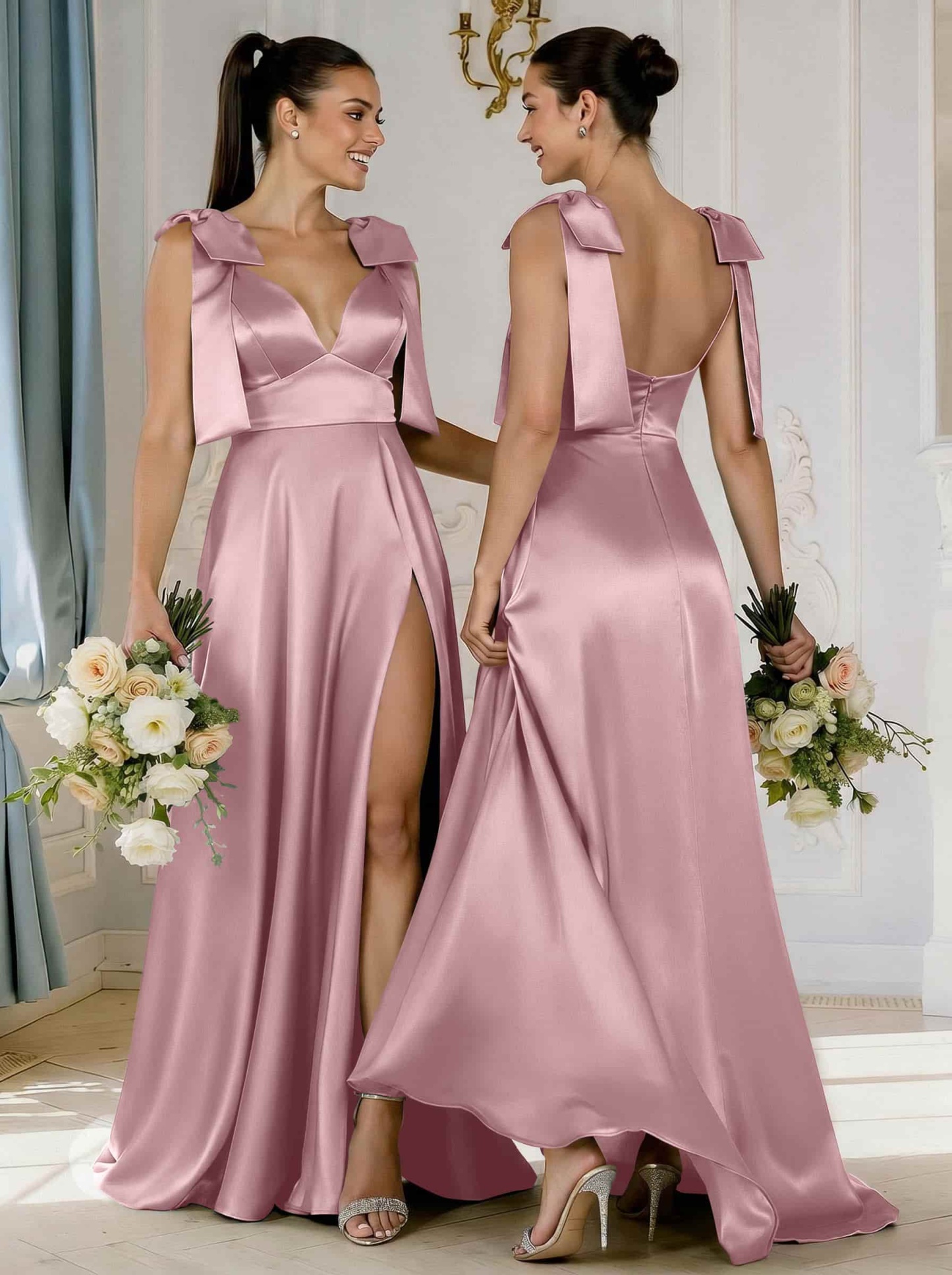 A-Line Plunge Neck Sleeveless Floor-Length Satin Bridesmaid Dresses With Bow(s)/High Split, product image 21