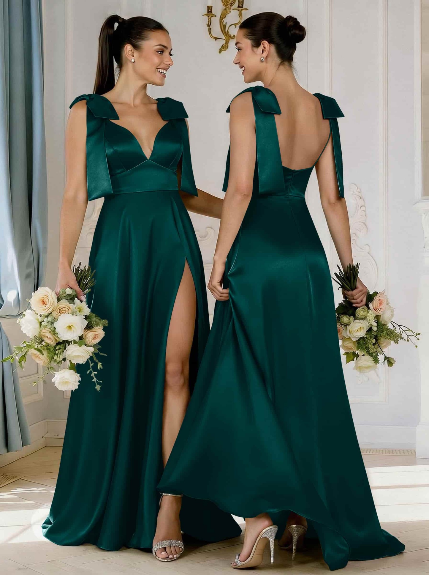 A-Line Plunge Neck Sleeveless Floor-Length Satin Bridesmaid Dresses With Bow(s)/High Split, product image 65