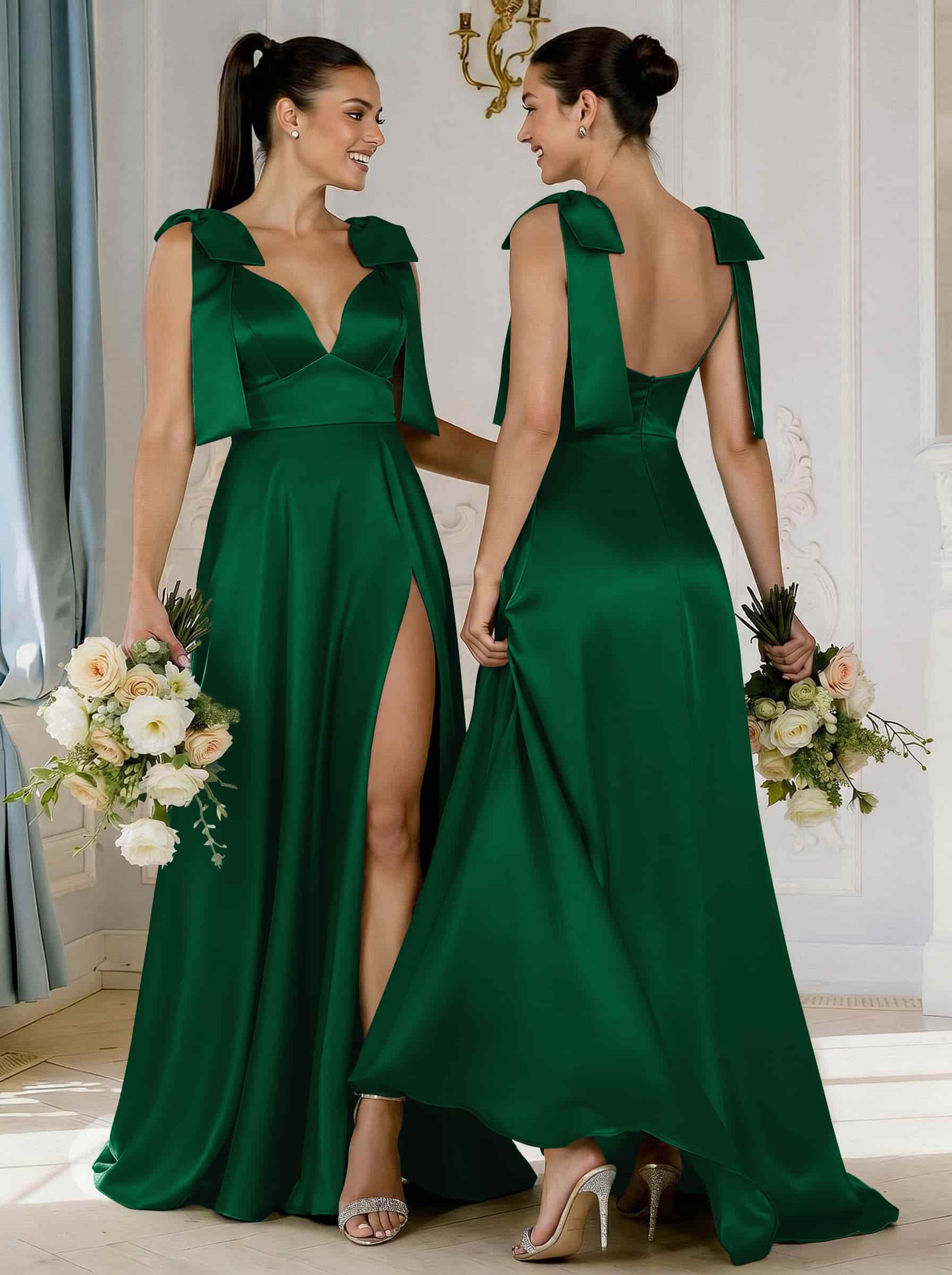 A-Line Plunge Neck Sleeveless Floor-Length Satin Bridesmaid Dresses With Bow(s)/High Split, product image 62