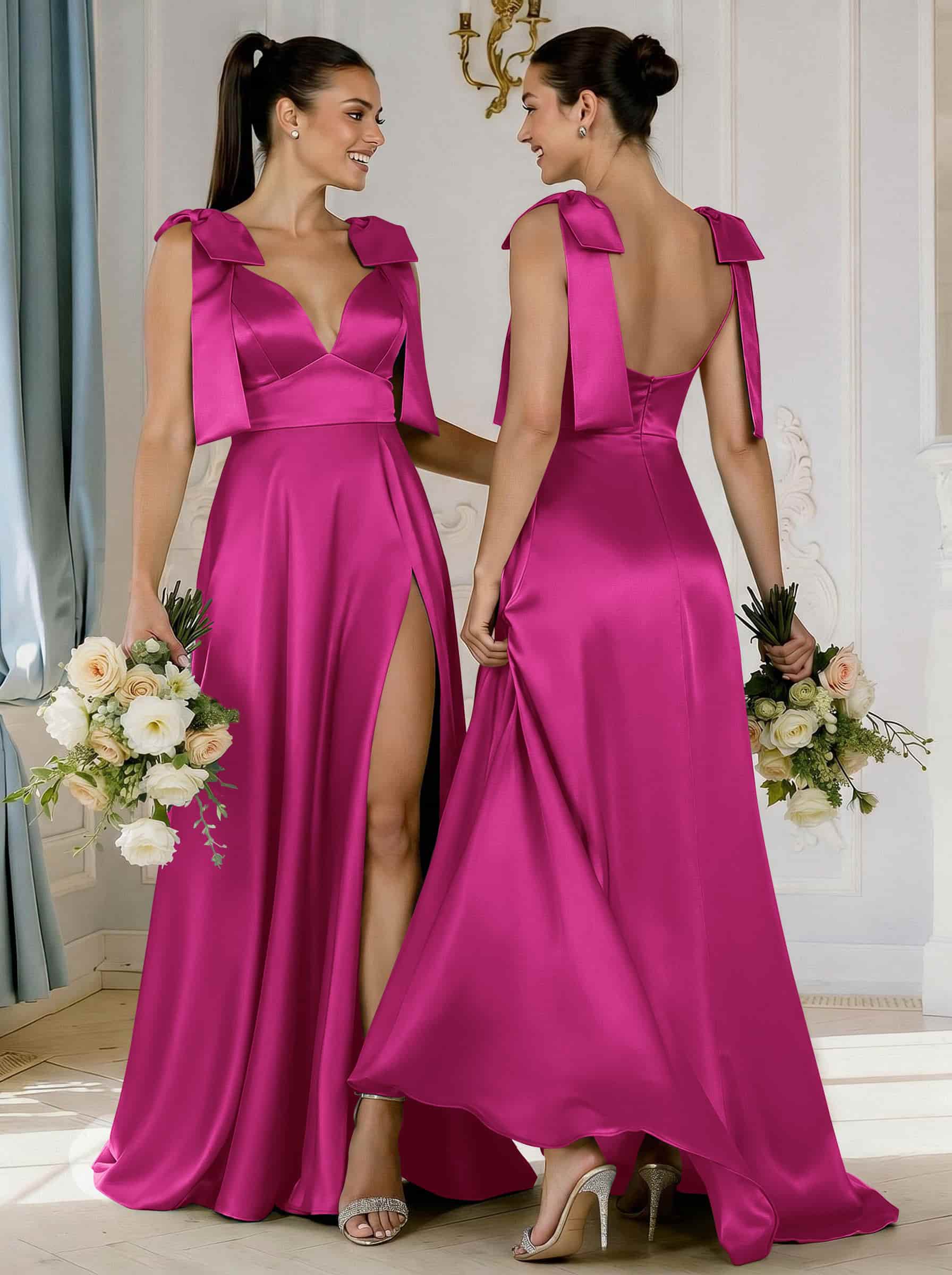 A-Line Plunge Neck Sleeveless Floor-Length Satin Bridesmaid Dresses With Bow(s)/High Split, product image 37