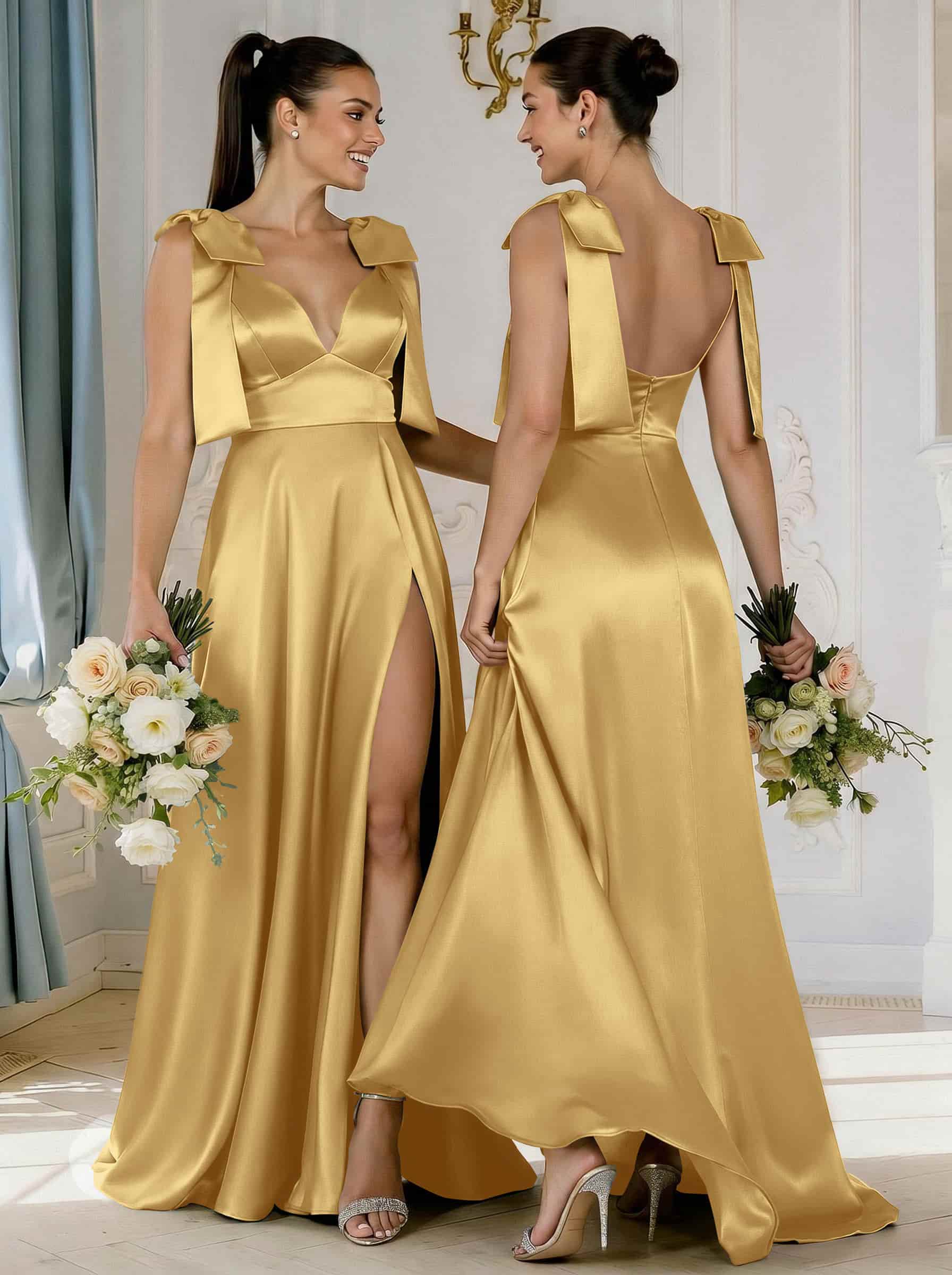 A-Line Plunge Neck Sleeveless Floor-Length Satin Bridesmaid Dresses With Bow(s)/High Split, product image 49