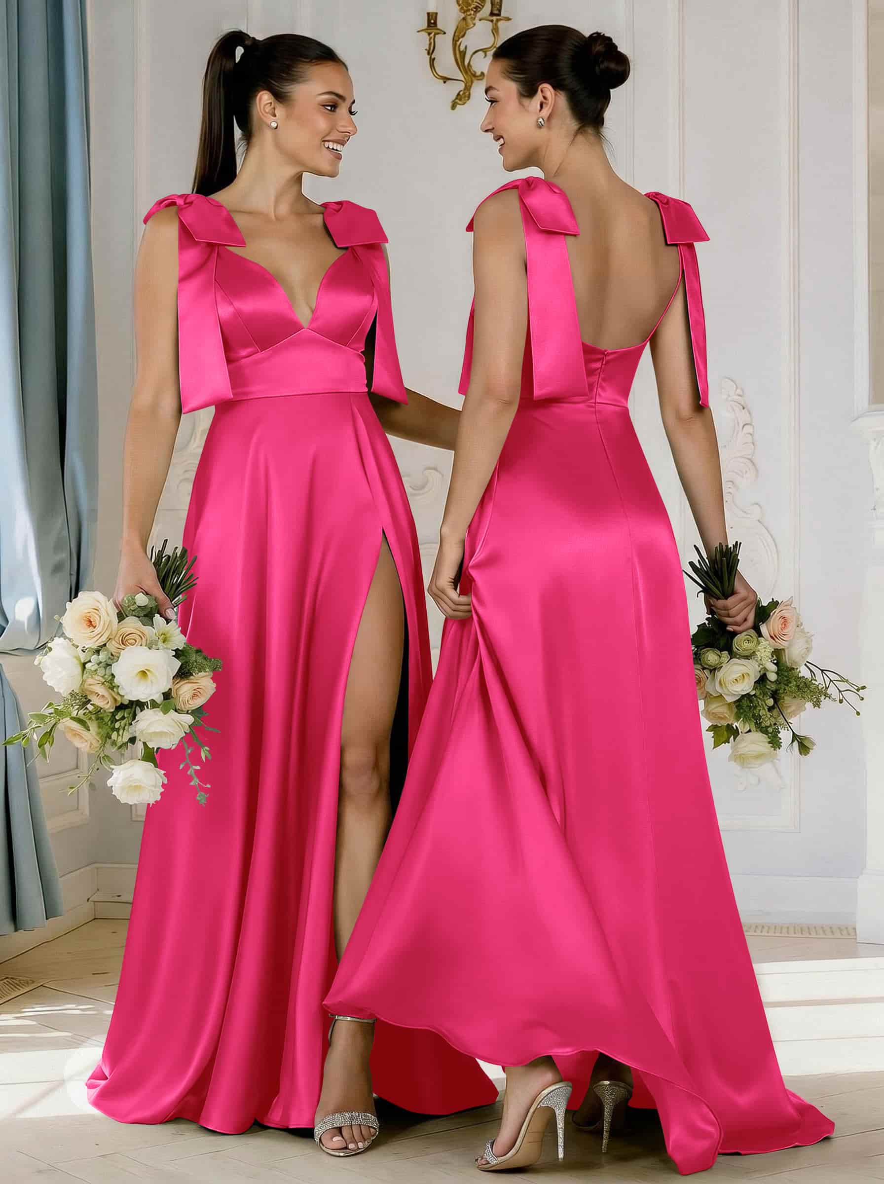 A-Line Plunge Neck Sleeveless Floor-Length Satin Bridesmaid Dresses With Bow(s)/High Split, product image 58