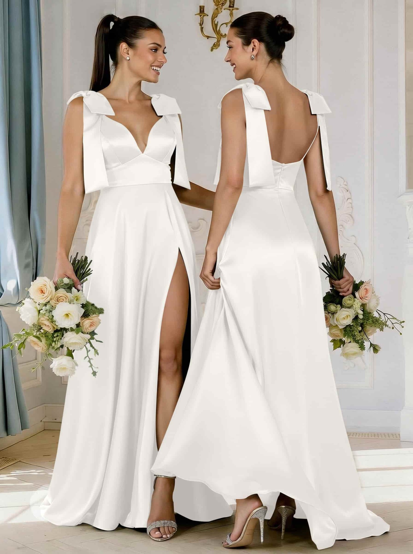 A-Line Plunge Neck Sleeveless Floor-Length Satin Bridesmaid Dresses With Bow(s)/High Split, product image 53