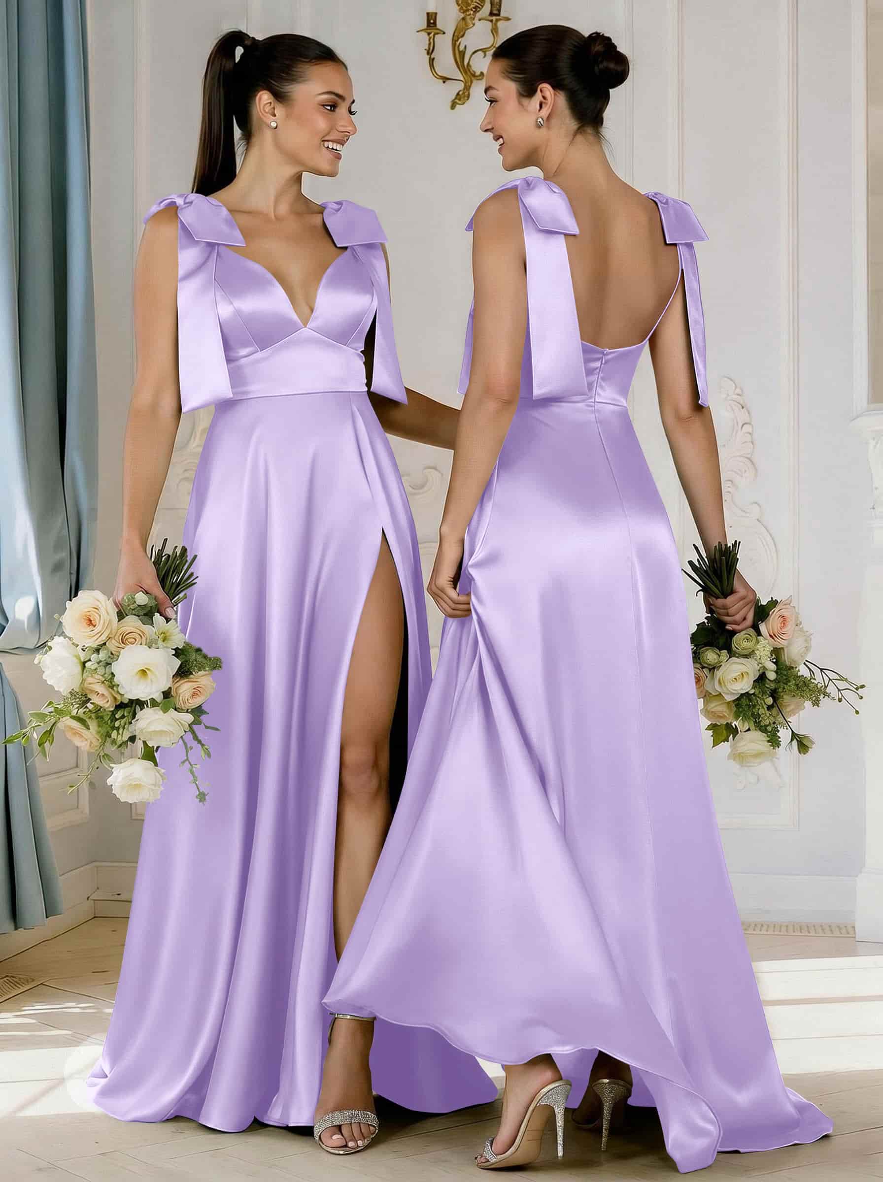 A-Line Plunge Neck Sleeveless Floor-Length Satin Bridesmaid Dresses With Bow(s)/High Split, product image 32