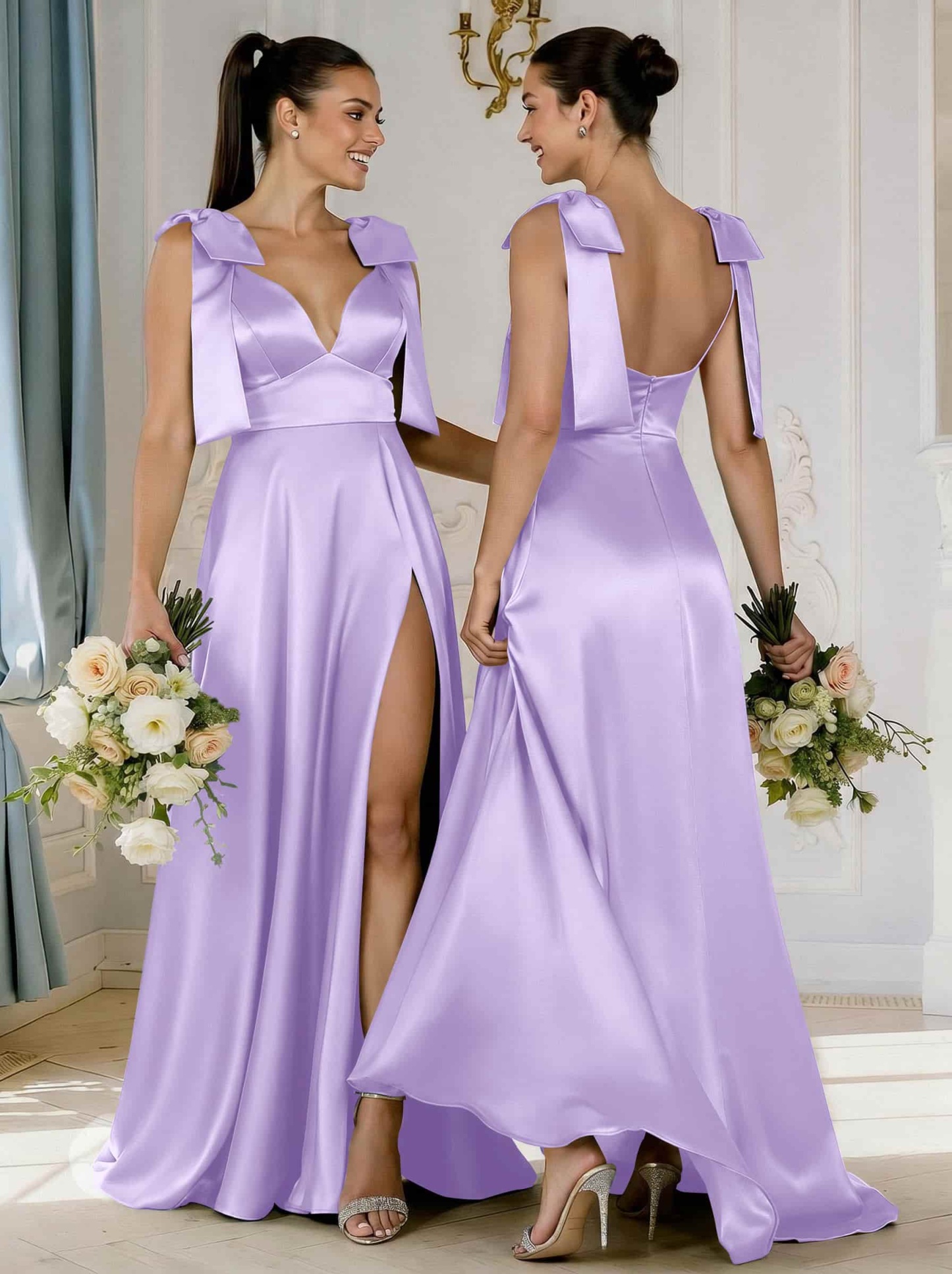A-Line Plunge Neck Sleeveless Floor-Length Satin Bridesmaid Dresses With Bow(s)/High Split, product image 32