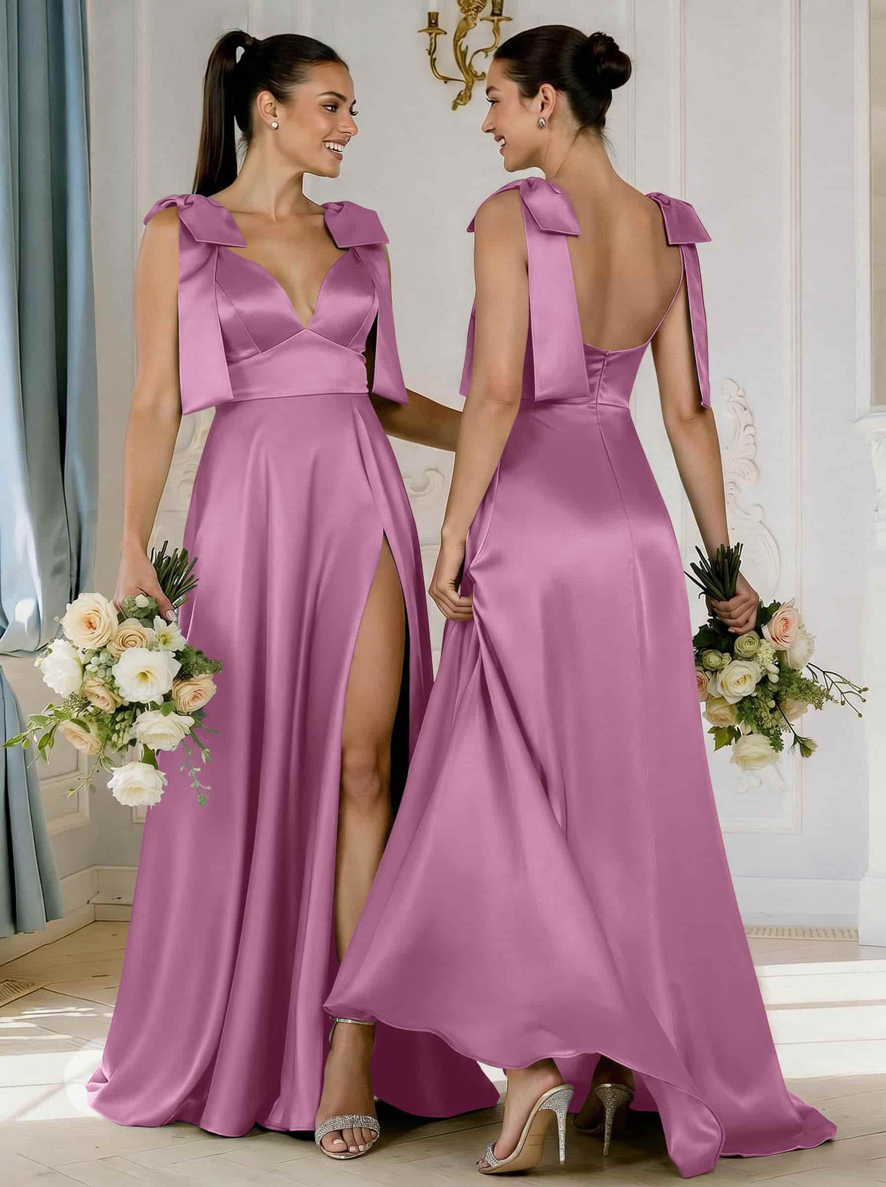 A-Line Plunge Neck Sleeveless Floor-Length Satin Bridesmaid Dresses With Bow(s)/High Split, product image 31