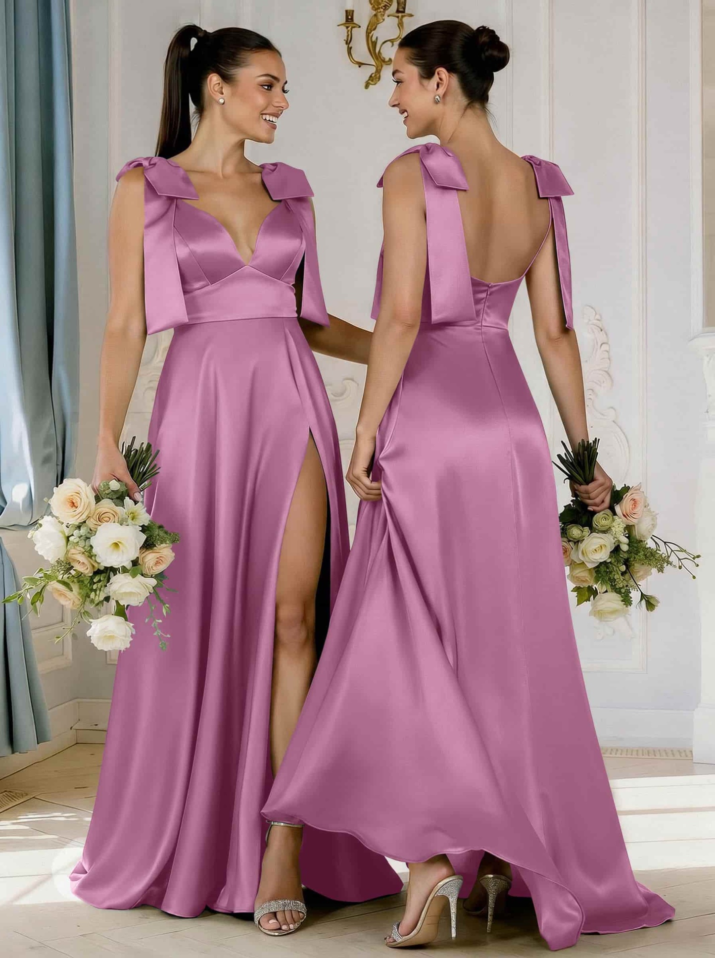 A-Line Plunge Neck Sleeveless Floor-Length Satin Bridesmaid Dresses With Bow(s)/High Split, product image 31