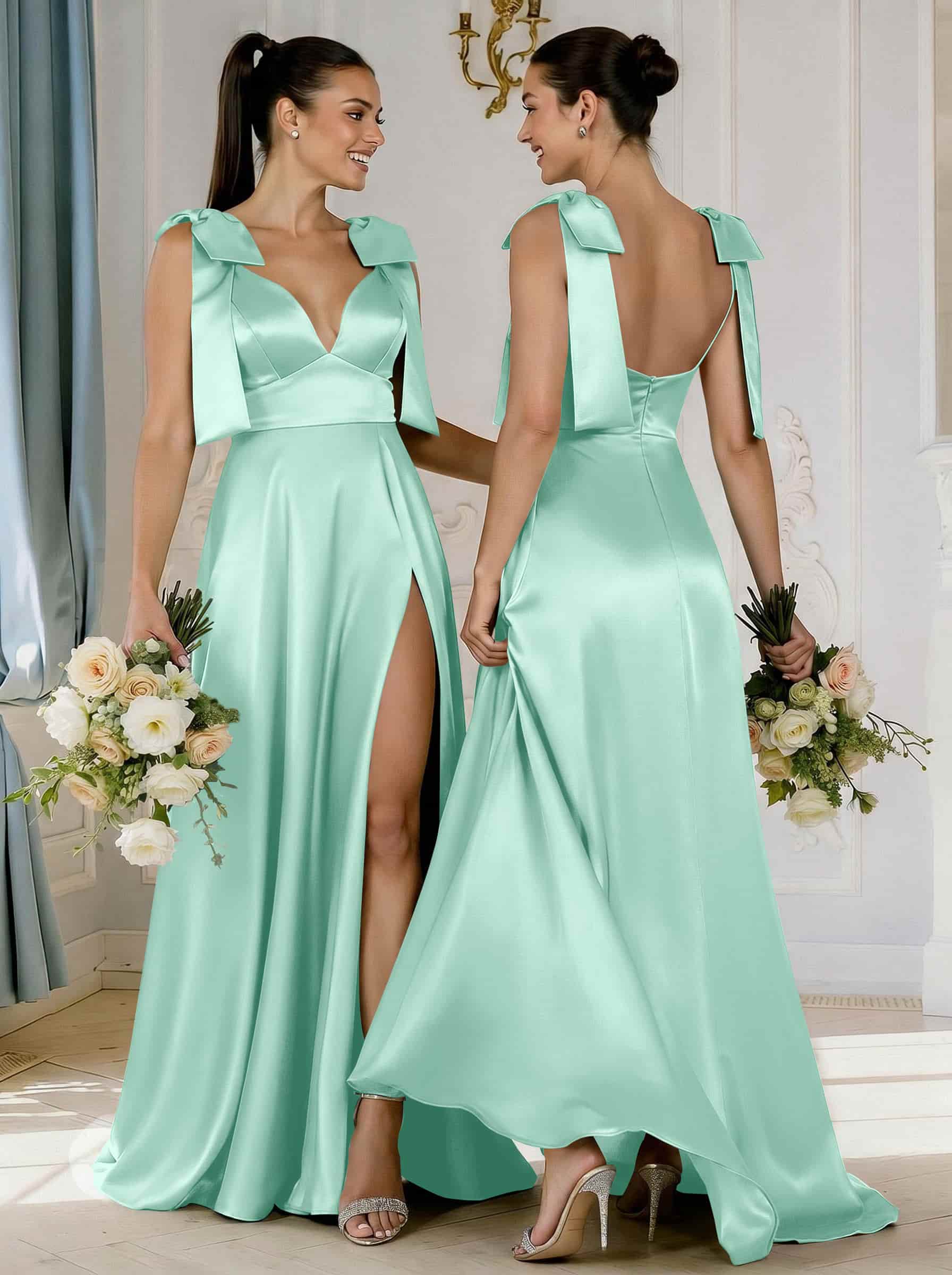 A-Line Plunge Neck Sleeveless Floor-Length Satin Bridesmaid Dresses With Bow(s)/High Split, product image 44