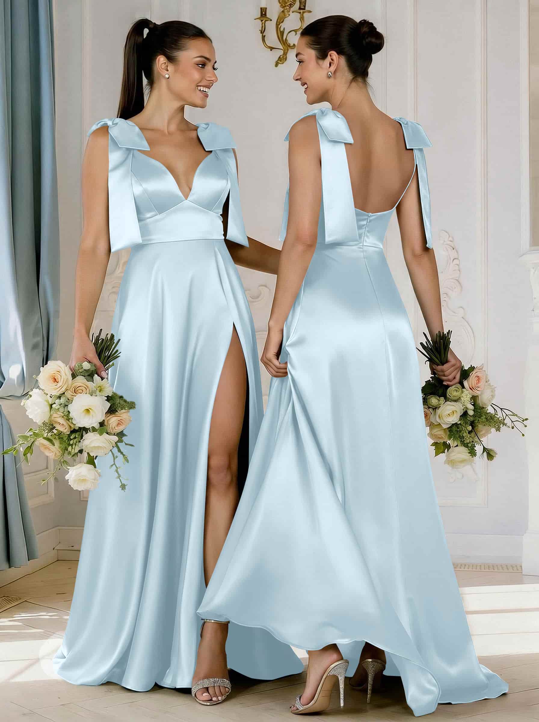 A-Line Plunge Neck Sleeveless Floor-Length Satin Bridesmaid Dresses With Bow(s)/High Split, product image 13