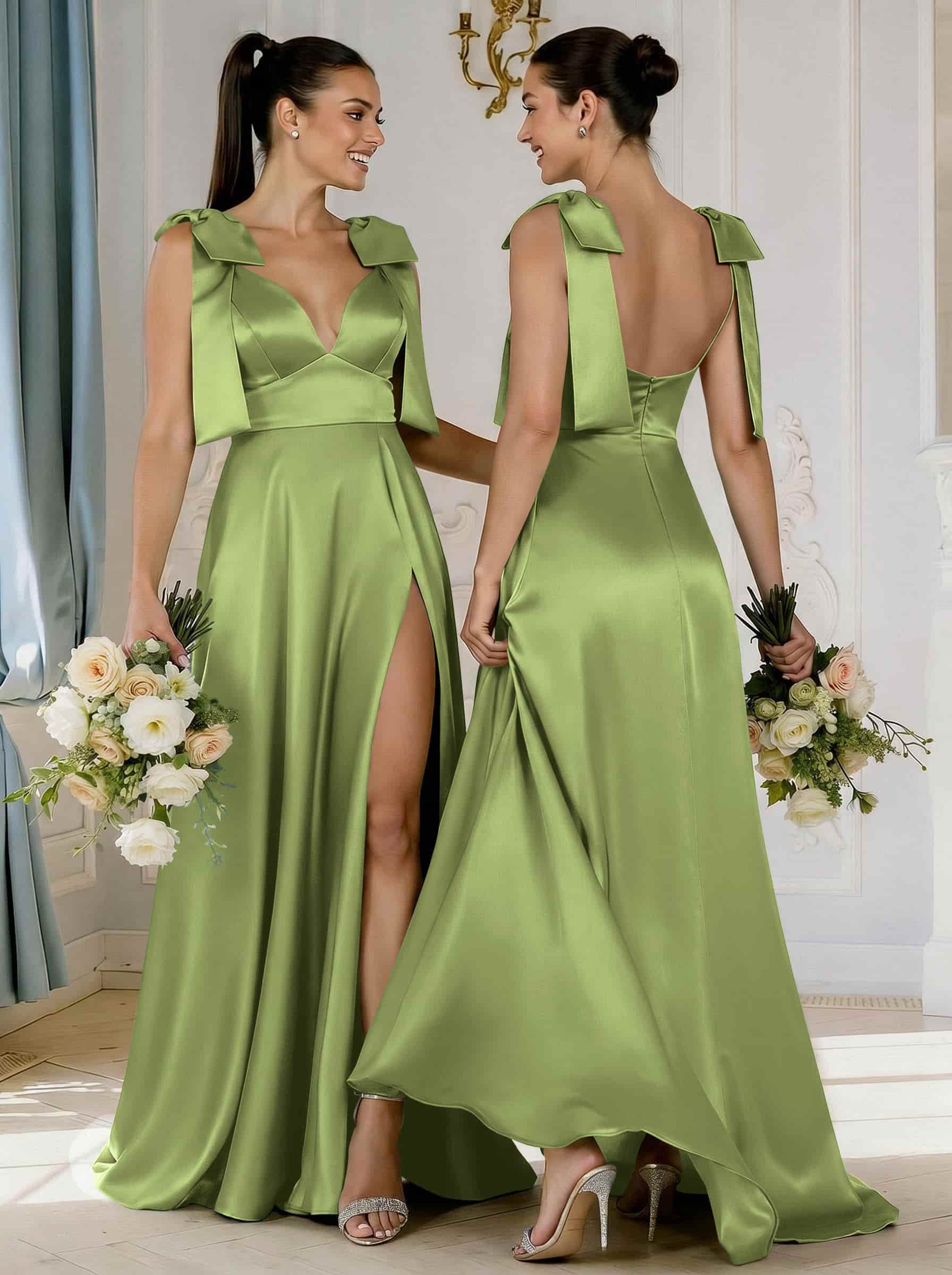 A-Line Plunge Neck Sleeveless Floor-Length Satin Bridesmaid Dresses With Bow(s)/High Split, product image 66