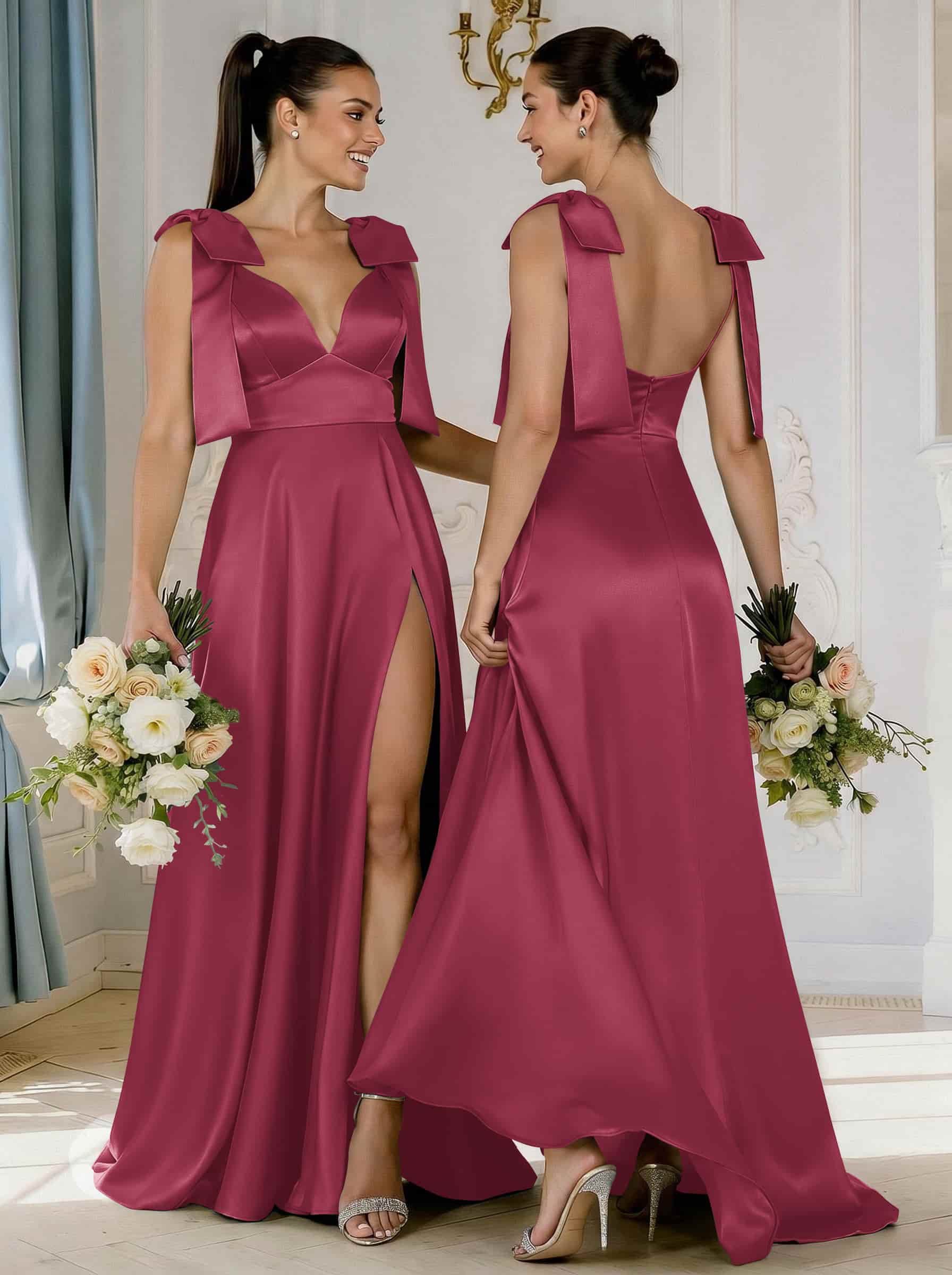 A-Line Plunge Neck Sleeveless Floor-Length Satin Bridesmaid Dresses With Bow(s)/High Split, product image 17