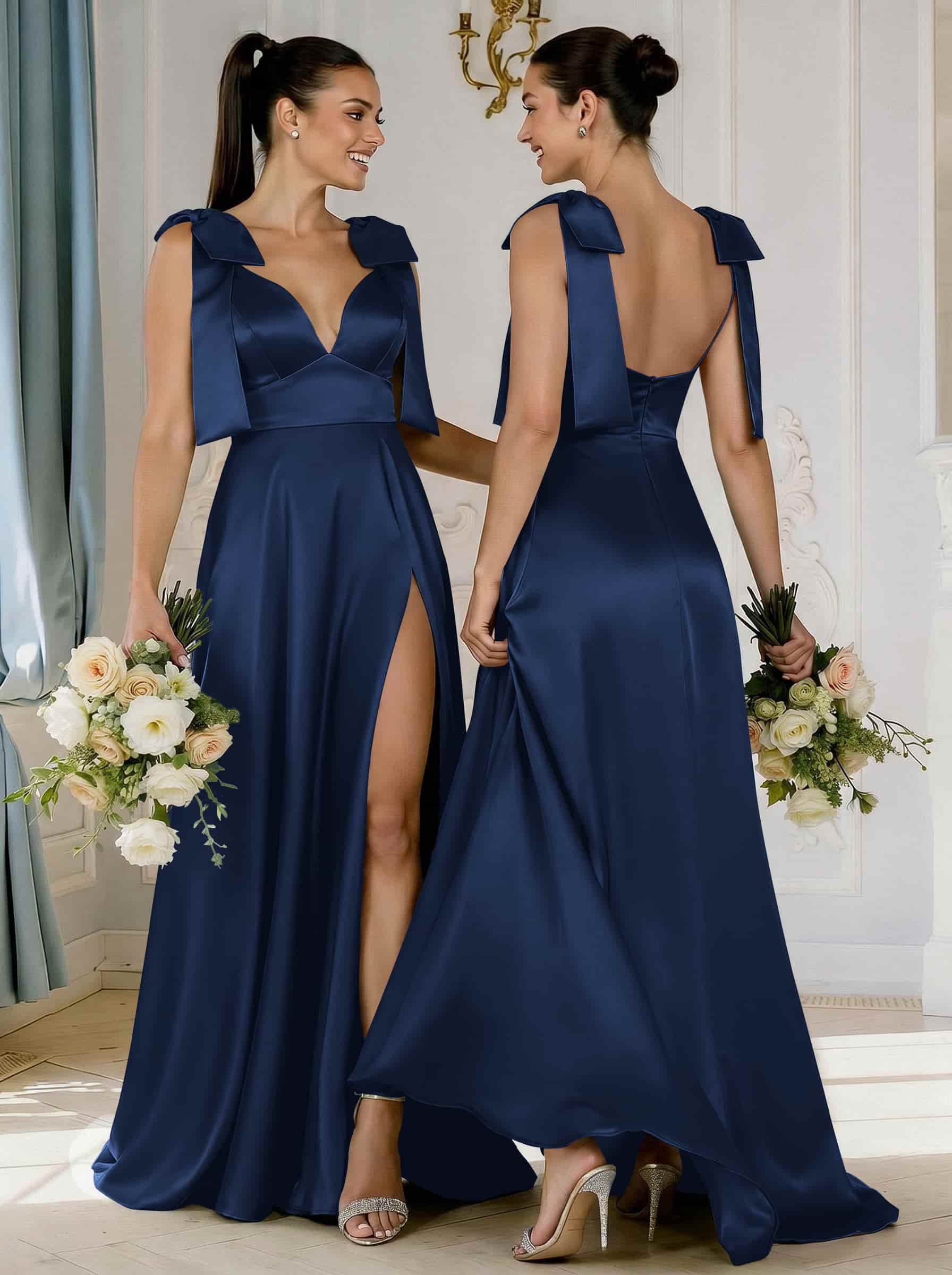 A-Line Plunge Neck Sleeveless Floor-Length Satin Bridesmaid Dresses With Bow(s)/High Split, product image 3