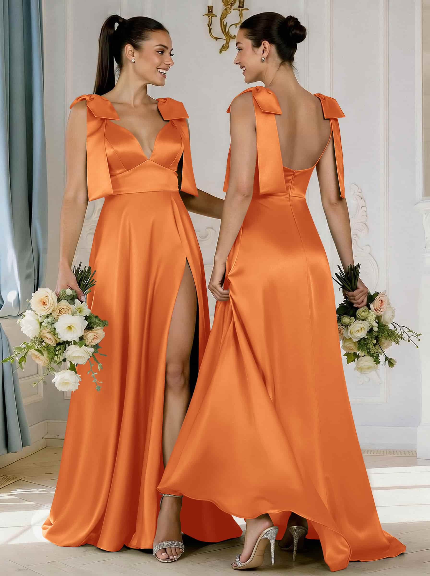 A-Line Plunge Neck Sleeveless Floor-Length Satin Bridesmaid Dresses With Bow(s)/High Split, product image 50