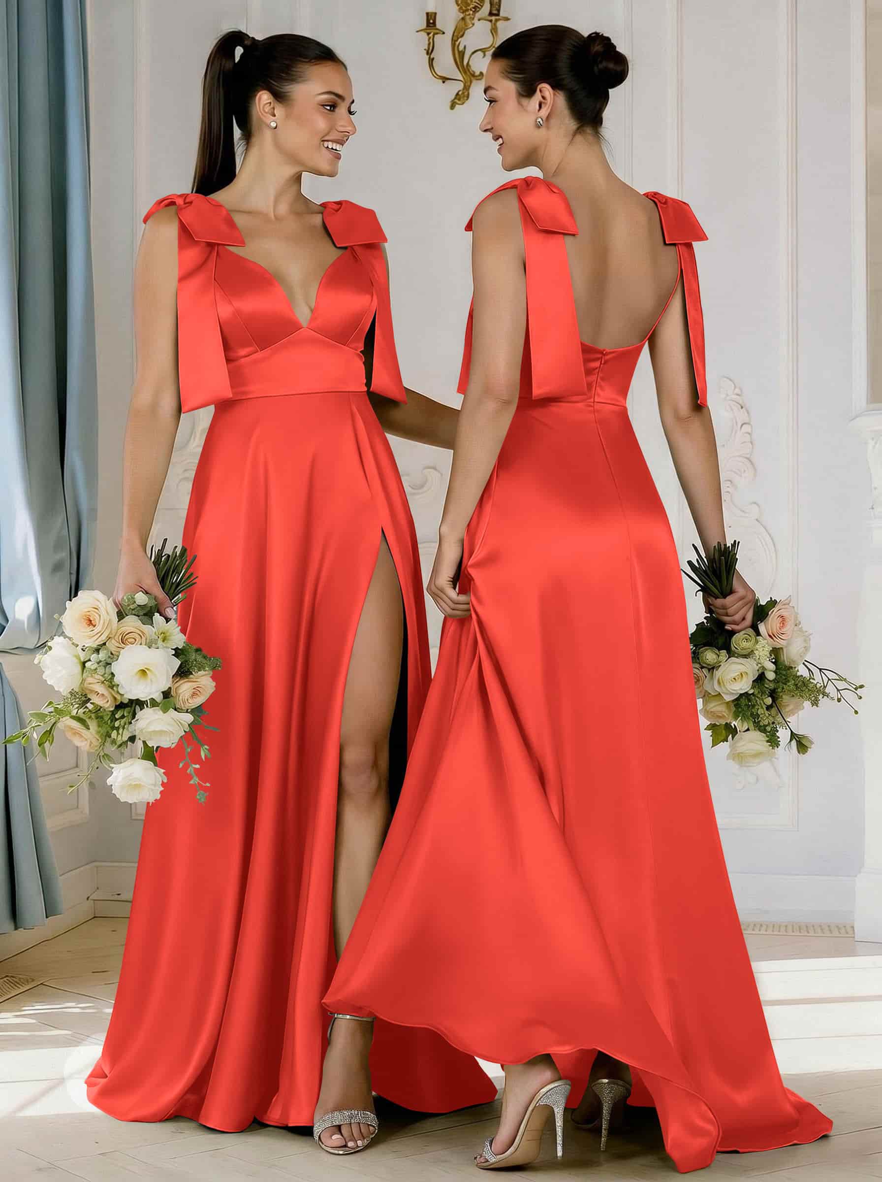 A-Line Plunge Neck Sleeveless Floor-Length Satin Bridesmaid Dresses With Bow(s)/High Split, product image 51