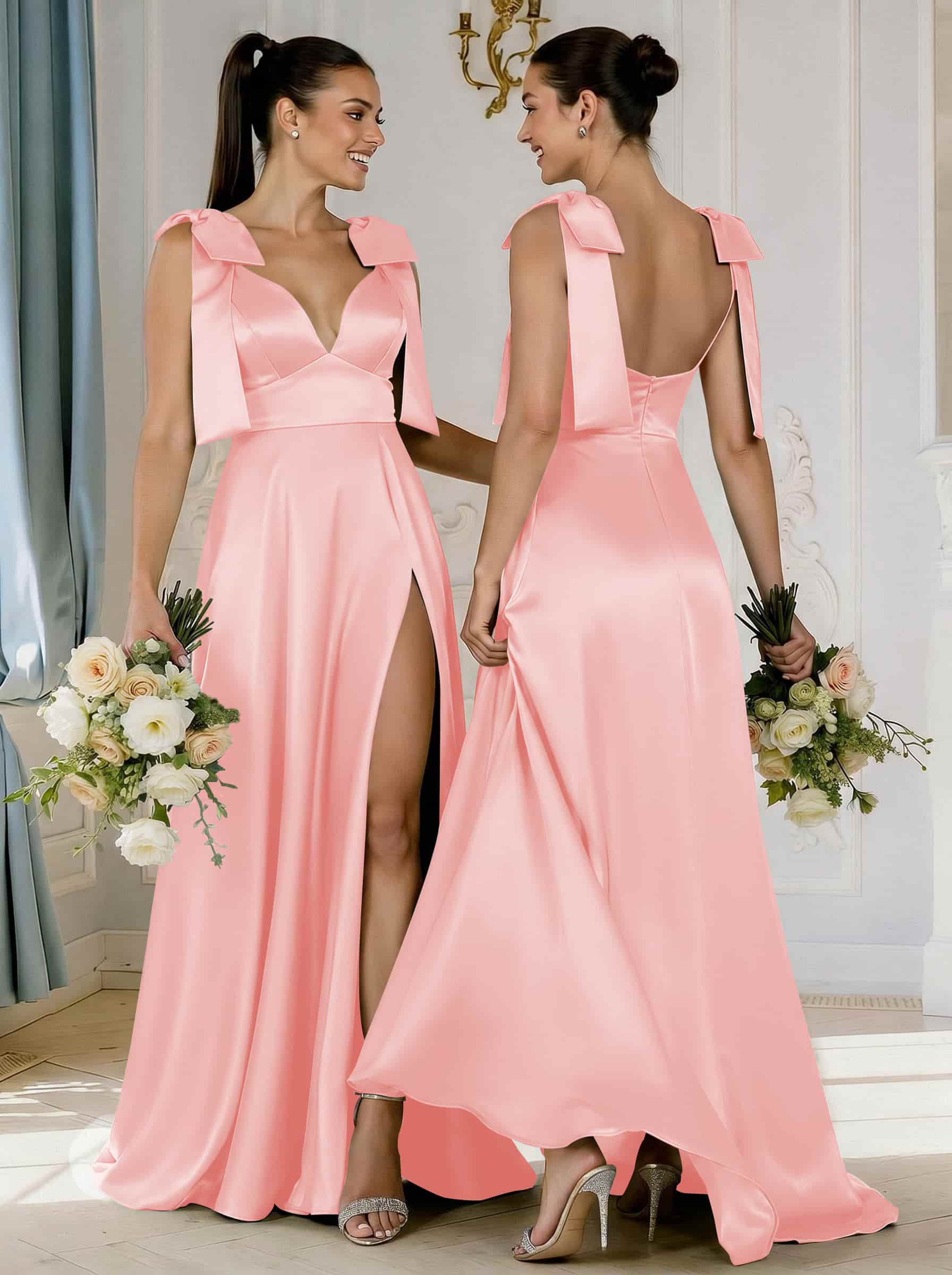 A-Line Plunge Neck Sleeveless Floor-Length Satin Bridesmaid Dresses With Bow(s)/High Split, product image 22