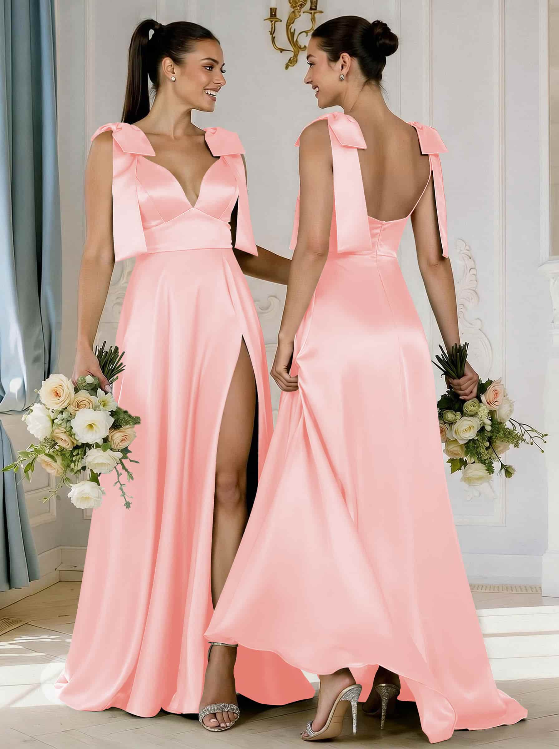 A-Line Plunge Neck Sleeveless Floor-Length Satin Bridesmaid Dresses With Bow(s)/High Split, product image 24