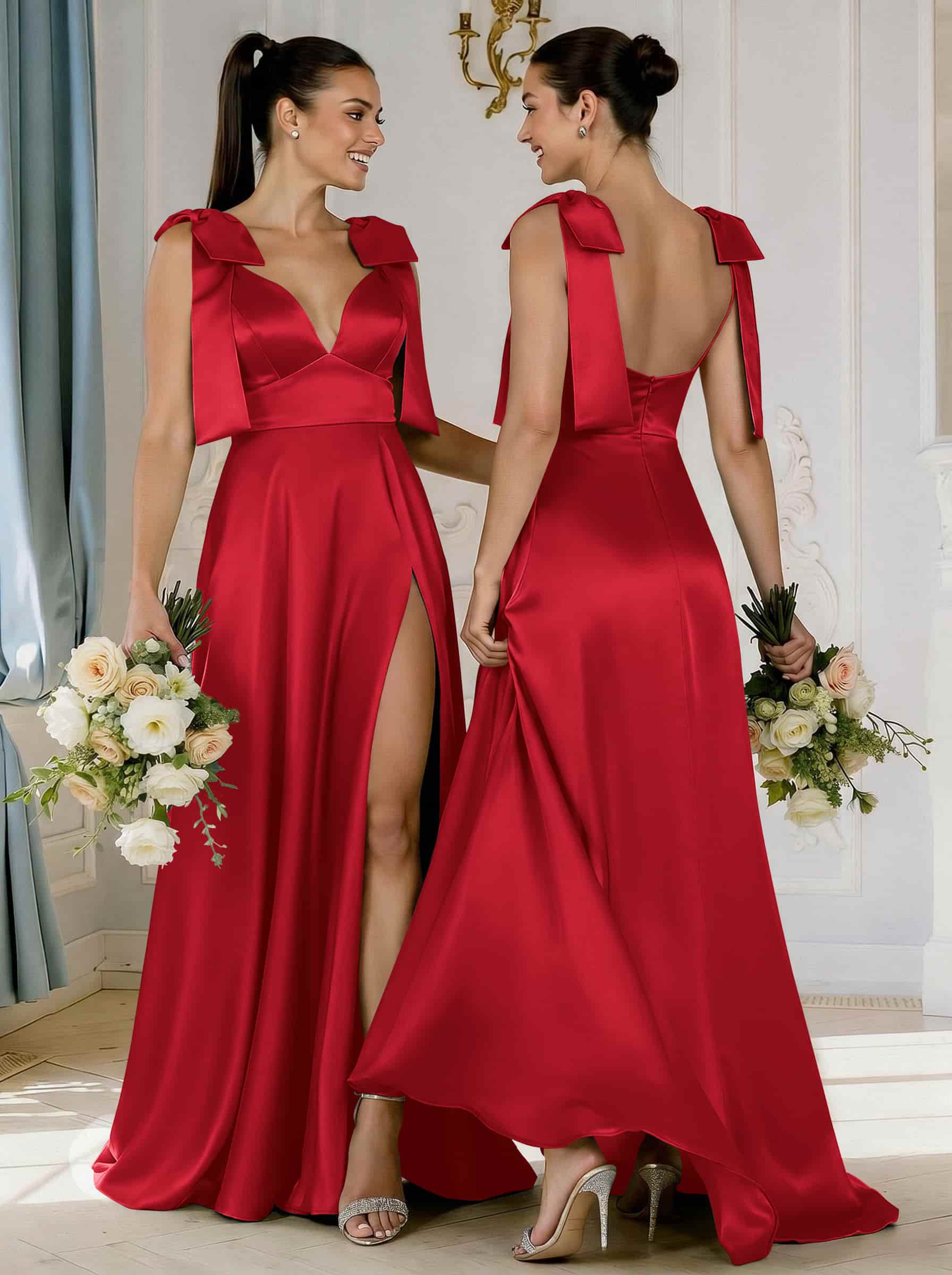 A-Line Plunge Neck Sleeveless Floor-Length Satin Bridesmaid Dresses With Bow(s)/High Split, product image 18