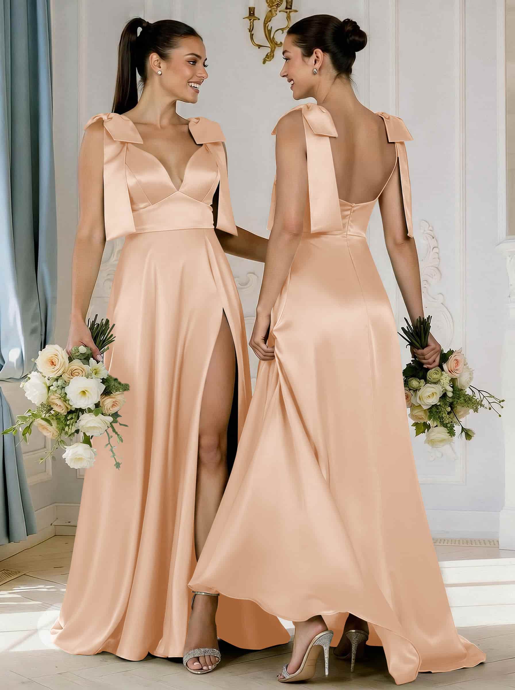 A-Line Plunge Neck Sleeveless Floor-Length Satin Bridesmaid Dresses With Bow(s)/High Split, product image 63