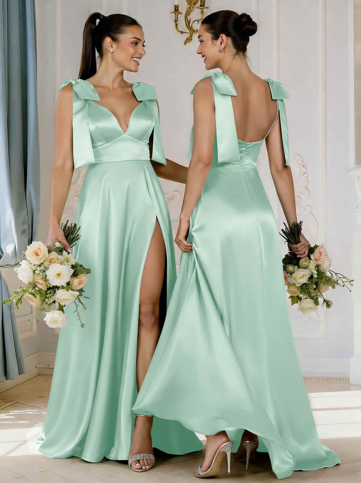 A-Line Plunge Neck Sleeveless Floor-Length Satin Bridesmaid Dresses With Bow(s)/High Split, product image 43